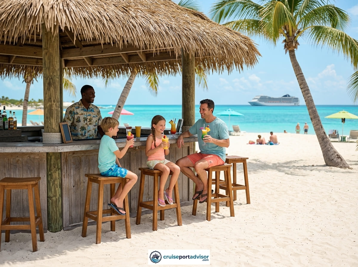 A family relaxing at a beach bar on Ocean Cay MSC Marine Reserve with turquoise water and white sand behind them.