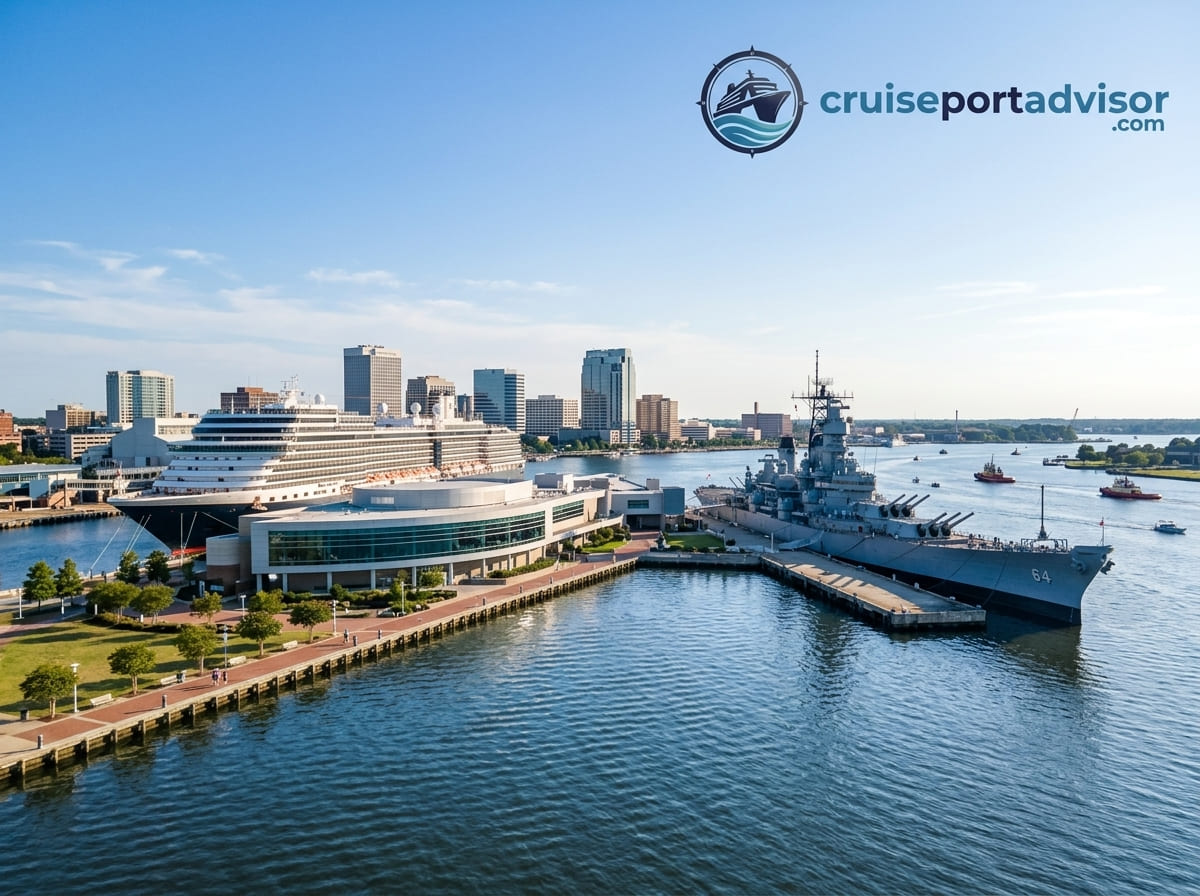 A cruise ship docked at Norfolk's Half Moone Cruise and Celebration Center with the USS Wisconsin battleship and downtown skyline nearby.