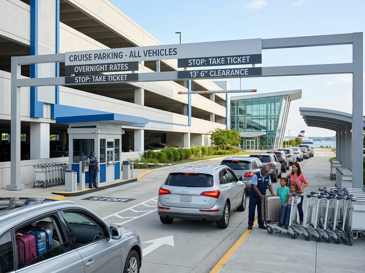 Cars queued at the parking garage entrance of Norfolk's Half Moone Cruise Terminal with luggage carts nearby.