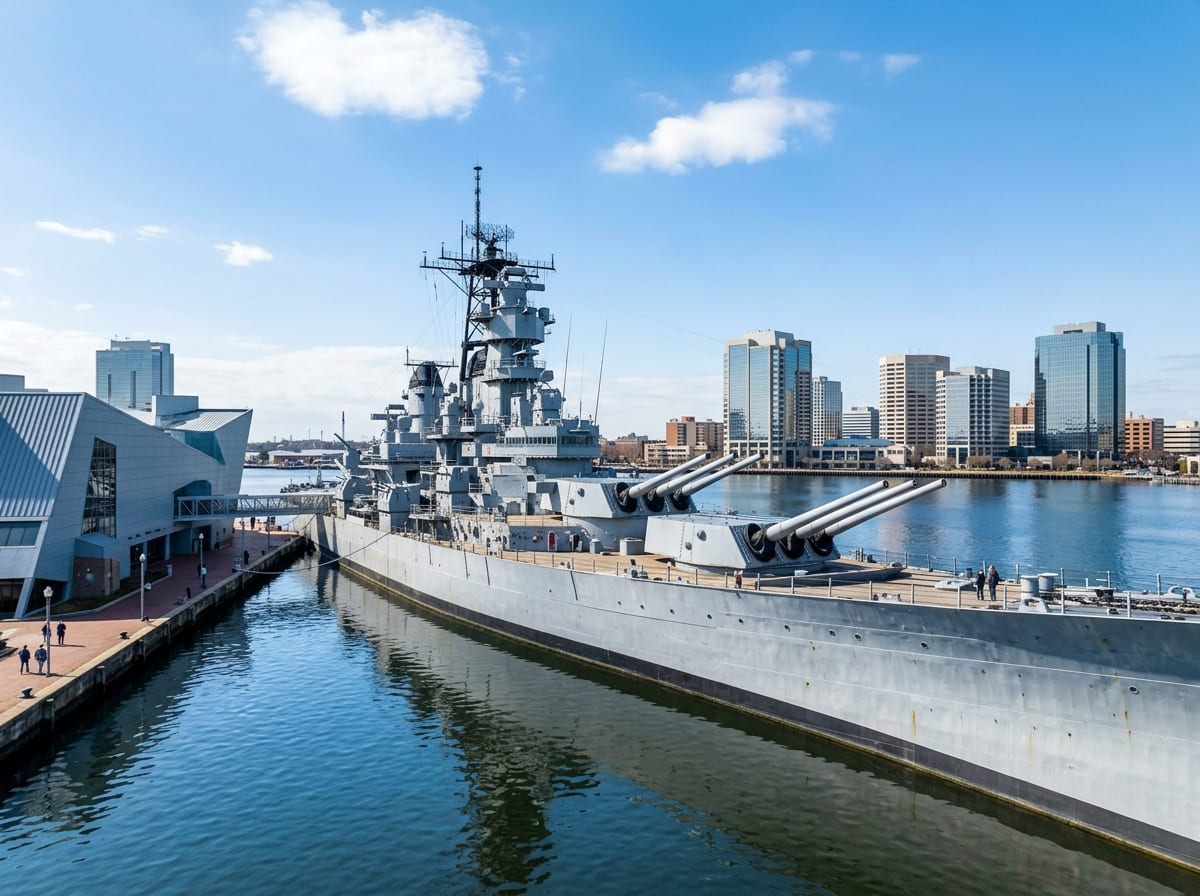 The USS Wisconsin battleship moored beside the Nauticus museum with downtown Norfolk's skyline in the background.