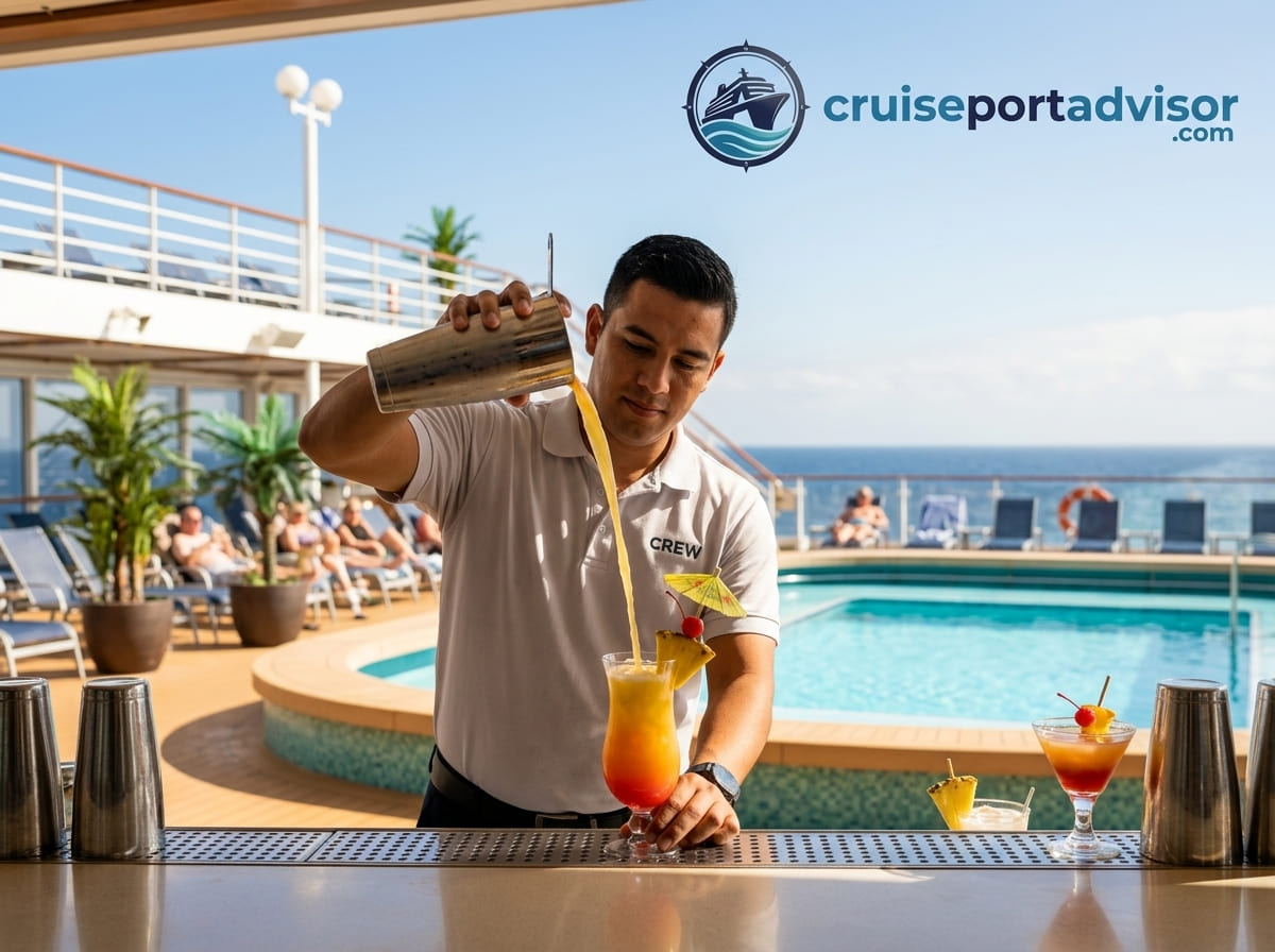 A bartender pouring a colorful tropical cocktail at a cruise ship pool bar with passengers relaxing on a sunny deck behind.