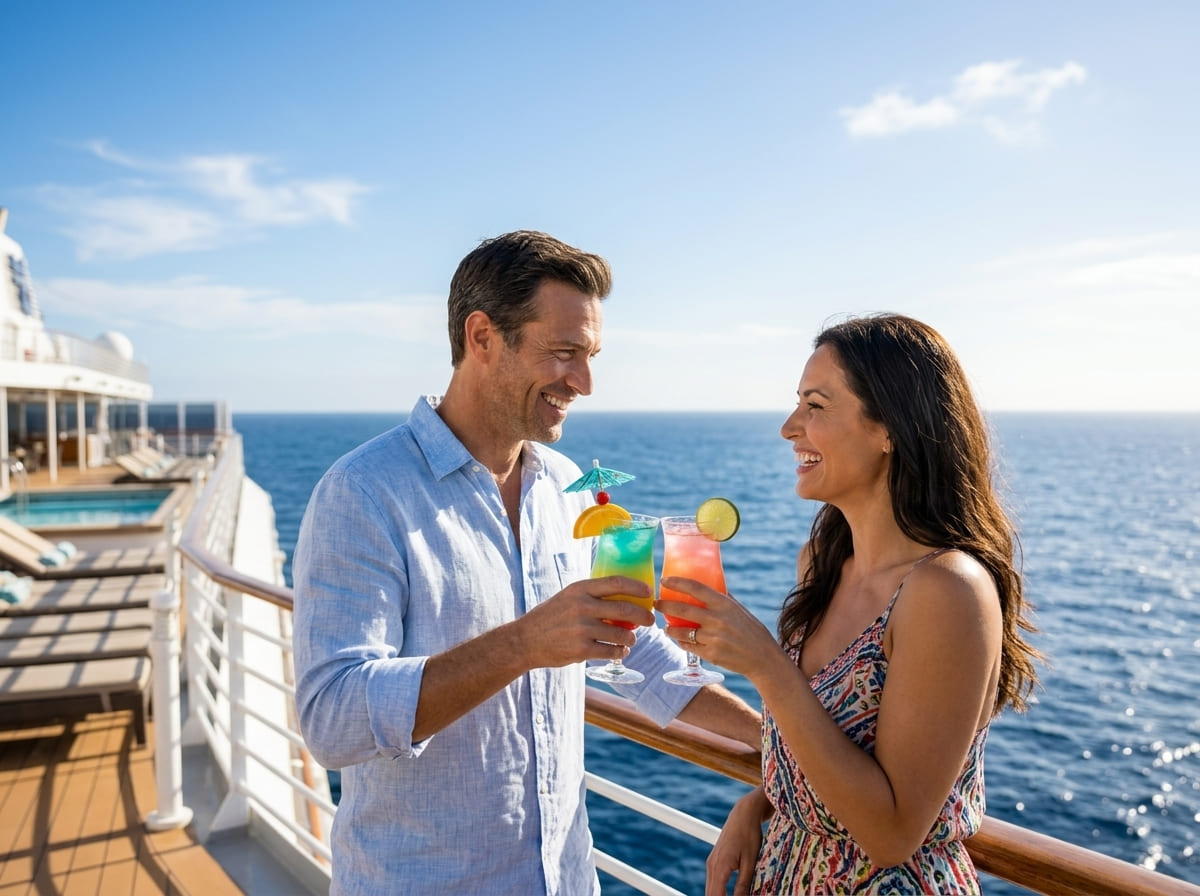 A couple toasting cocktails together at the railing of a cruise ship on a sunny sea day.