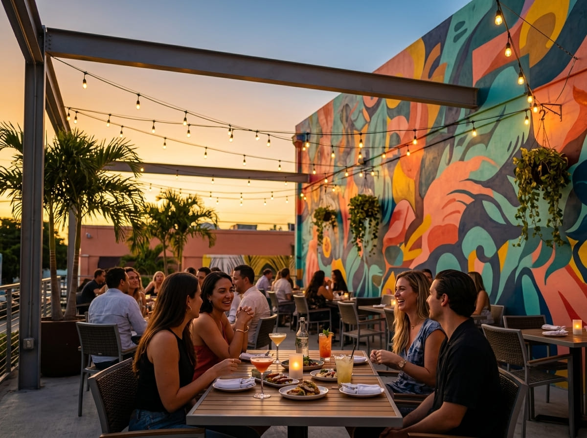An outdoor restaurant terrace near downtown Miami at sunset.