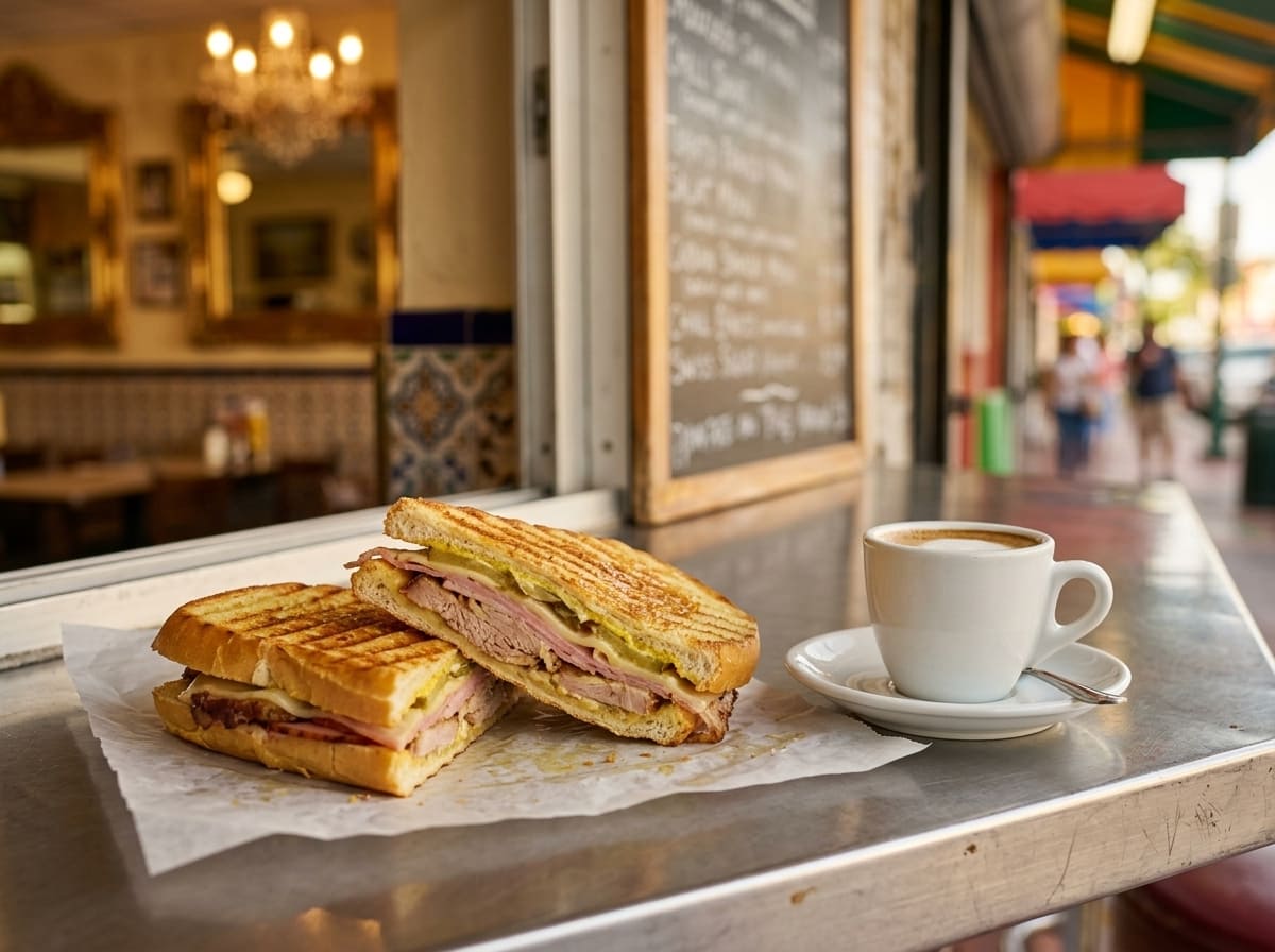 A classic Cuban sandwich and cafecito on a lunch counter in Little Havana, Miami, with the neighborhood visible behind.