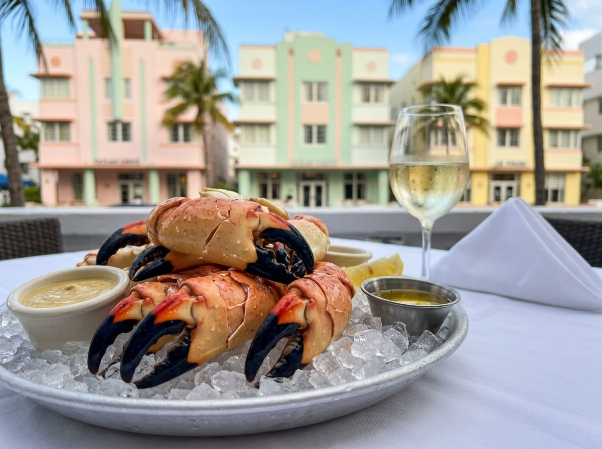 A stone crab claw platter with mustard sauce at a Miami Beach restaurant with Ocean Drive's Art Deco architecture in the background.