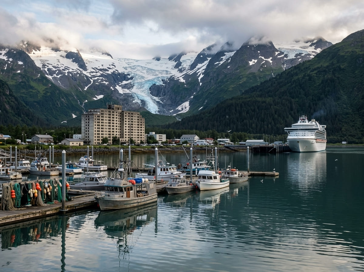 Fishing boats and a cruise ship in Whittier's small harbor beneath glacier-capped mountains, with Begich Towers among the town's buildings.