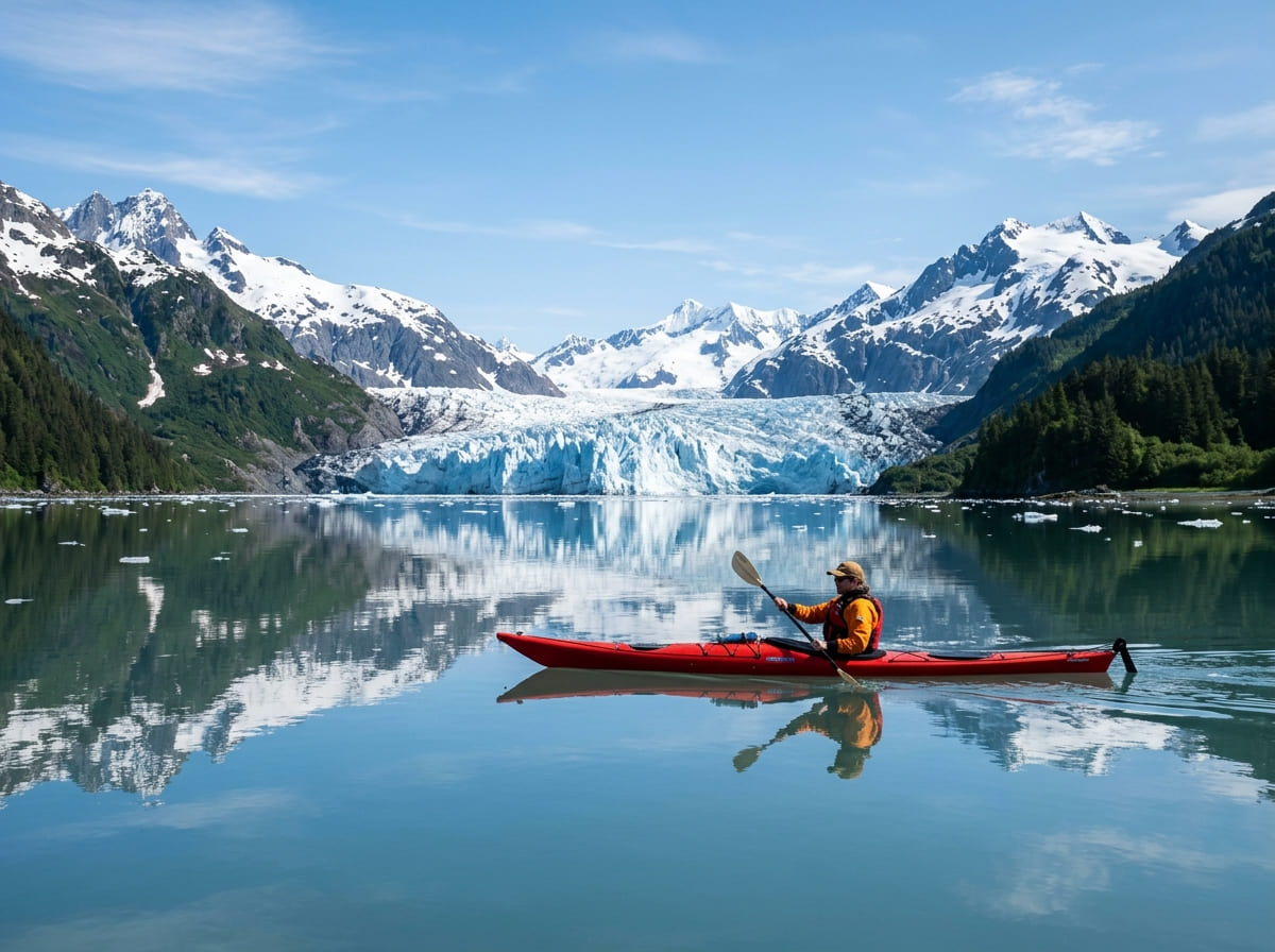 A sea kayaker paddling across glassy water in Prince William Sound with a tidewater glacier in the background, Alaska.