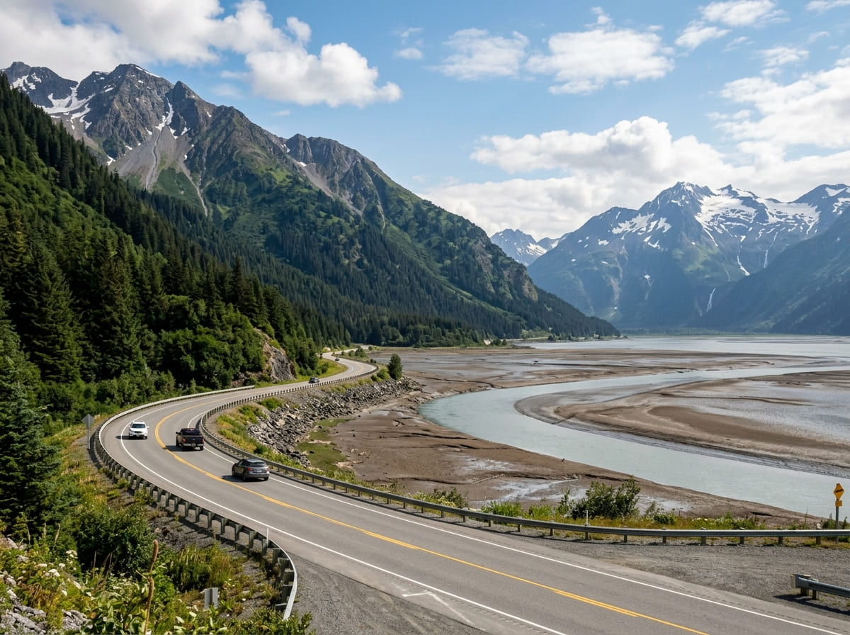 The Seward Highway curving along Turnagain Arm's mudflats and mountains between Anchorage and Whittier, Alaska.