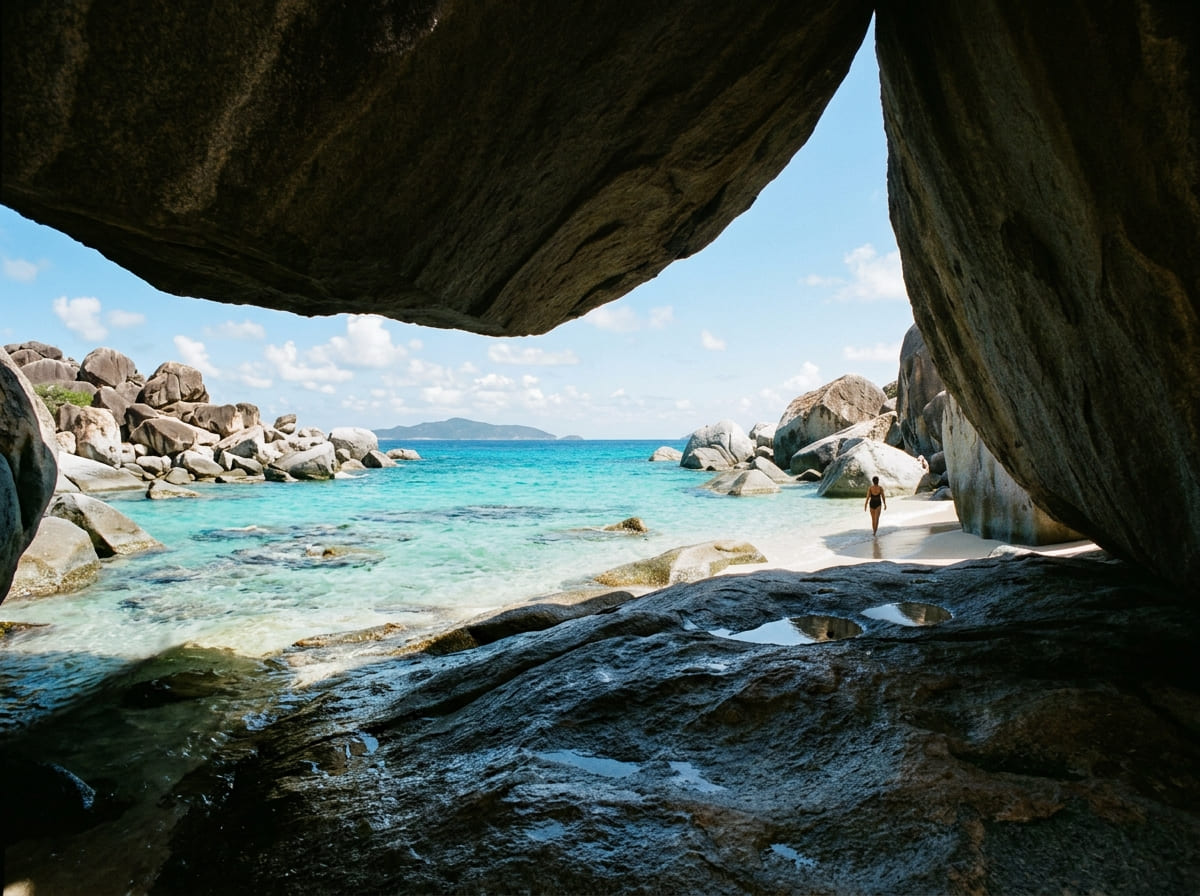 Sunlight streaming through a granite boulder passage at the Baths on Virgin Gorda, revealing turquoise water beyond.