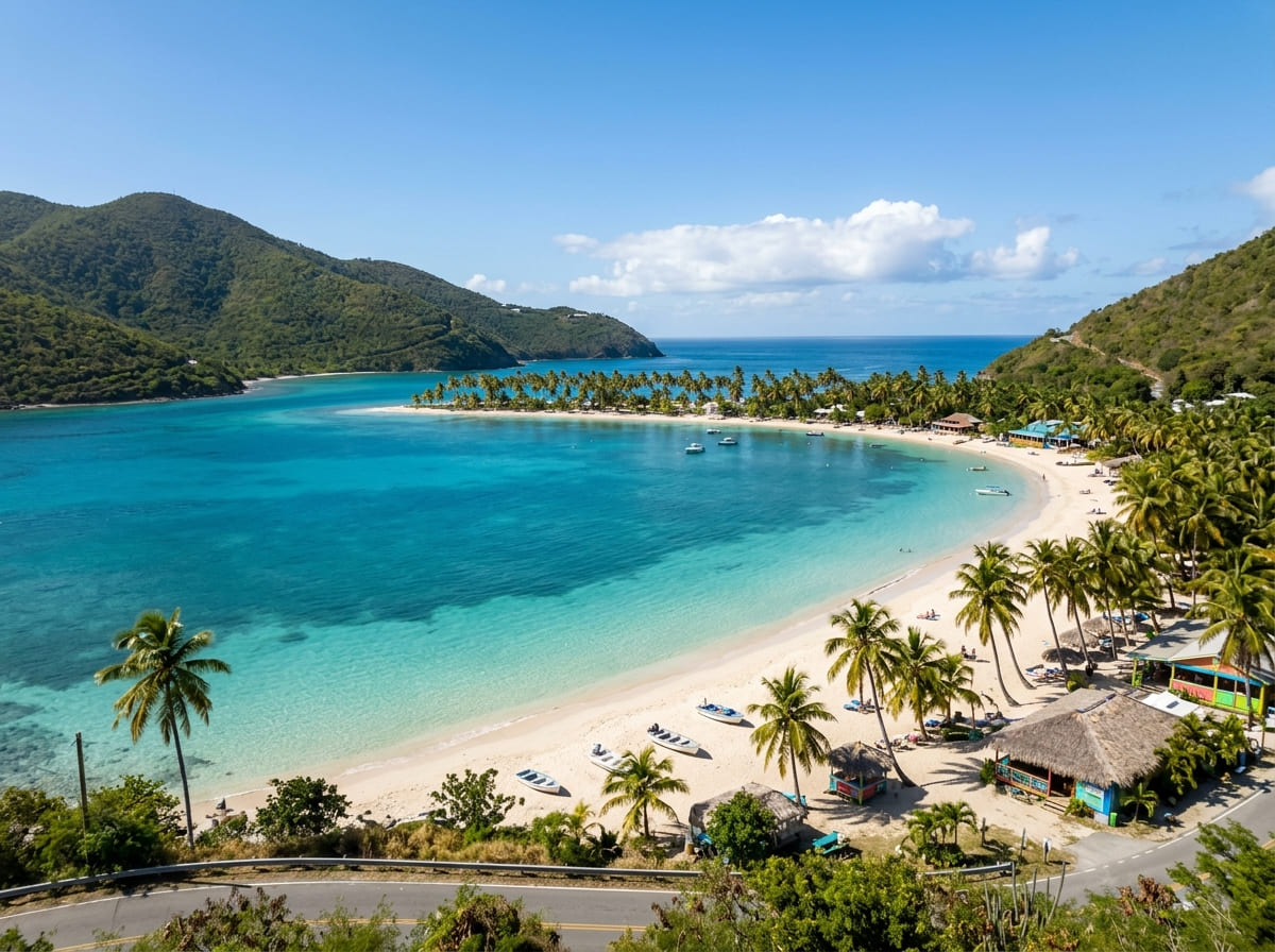 An elevated panoramic view of Cane Garden Bay's crescent beach, palm trees and small beach bars in Tortola.
