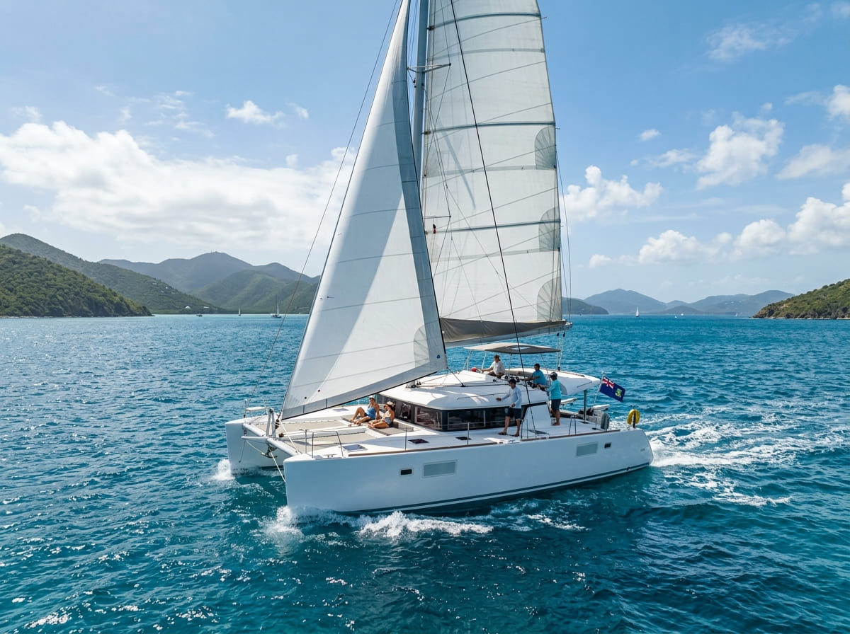 A catamaran under full sail in the Sir Francis Drake Channel with other BVI islands visible in the distance.