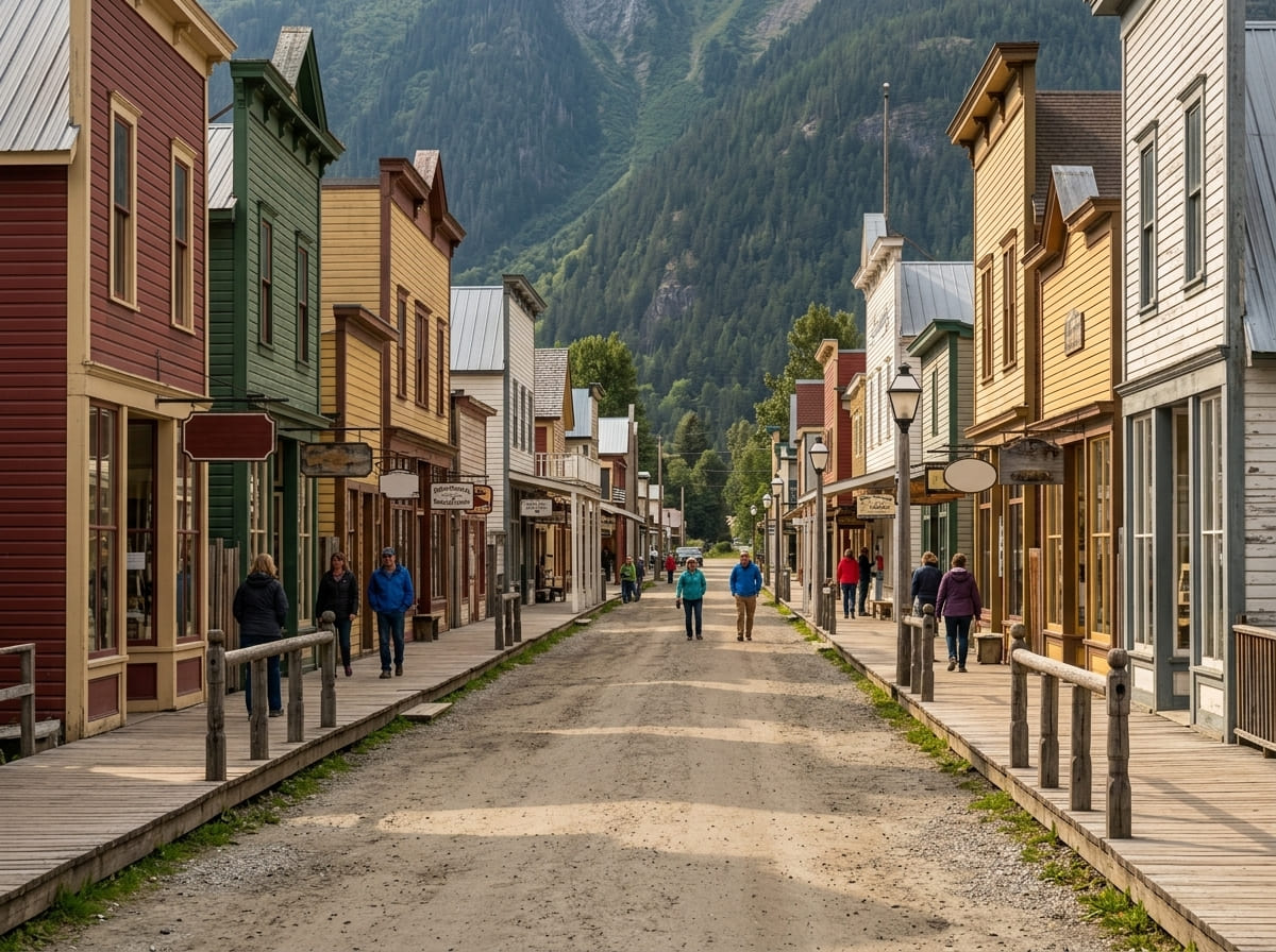 Broadway Street in Skagway, Alaska, lined with preserved gold rush era buildings from 1898.