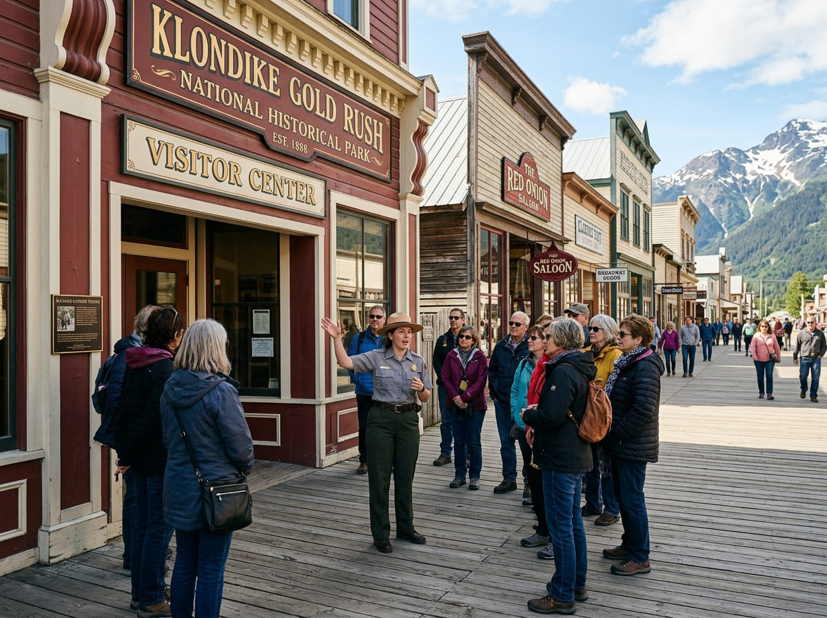 A National Park Service ranger leading a walking tour past preserved 1898 buildings on Broadway Street, Skagway.