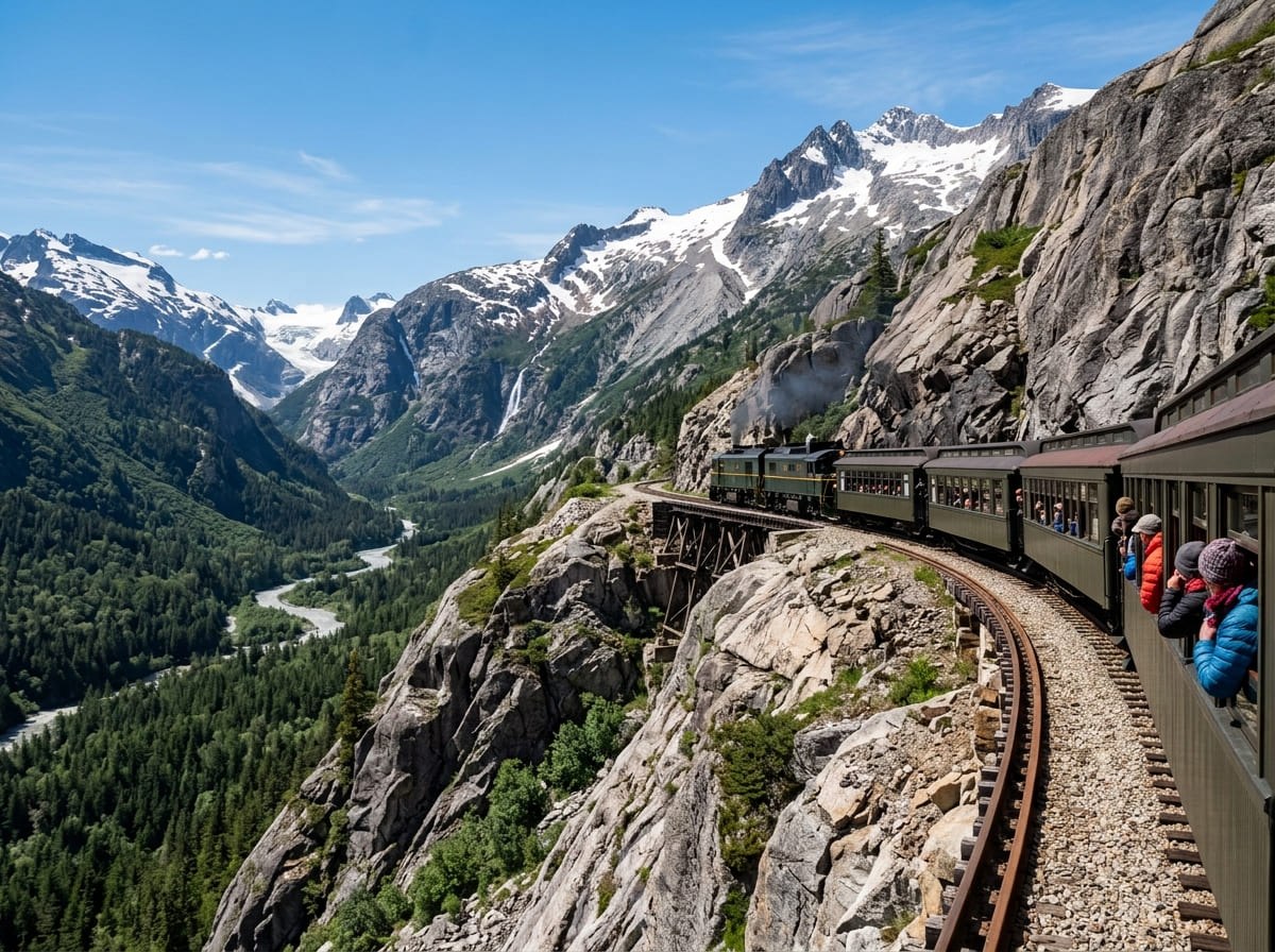 The White Pass and Yukon Route train climbing a steep mountainside above Skagway, Alaska