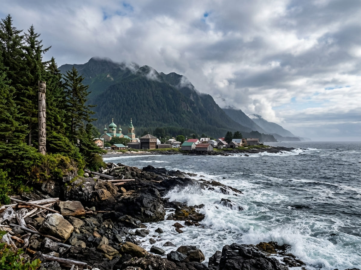 Sitka's Pacific facing rocky coastline with a totem pole, Russian style rooftop, and forested hills on Baranof Island, Alaska.