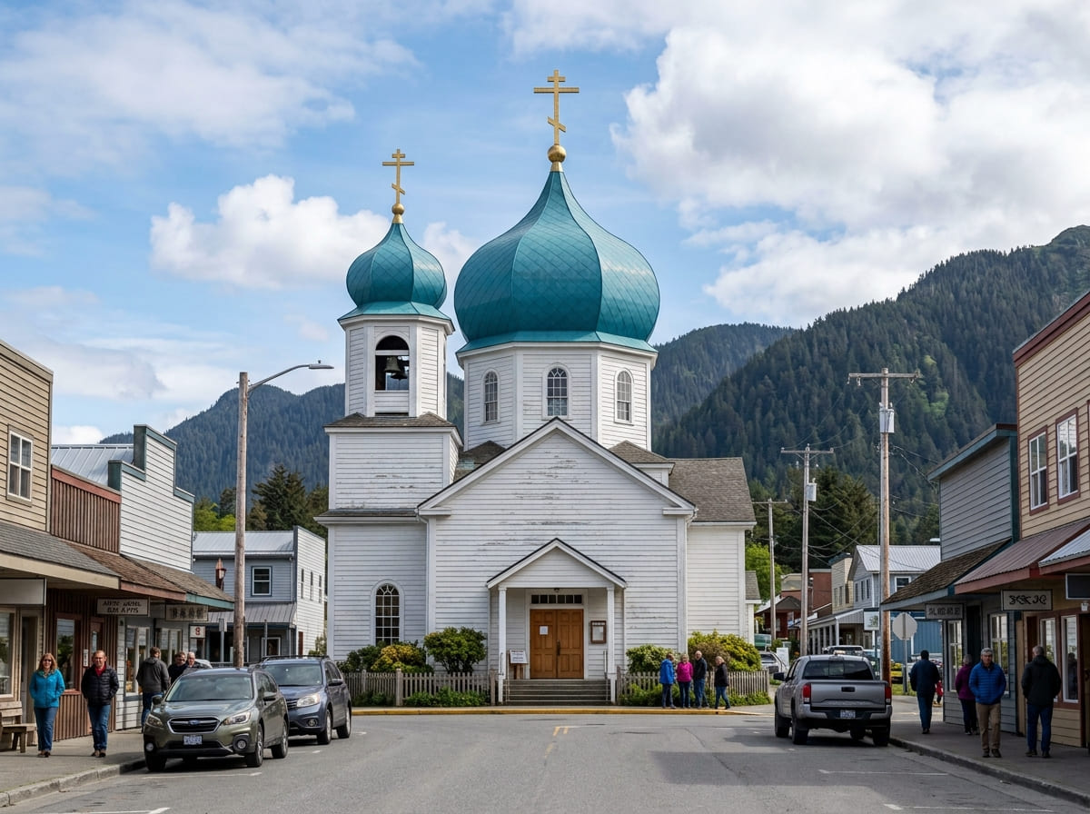 St. Michael's Cathedral, a Russian Orthodox church with onion domes, on Lincoln Street in Sitka, Alaska.