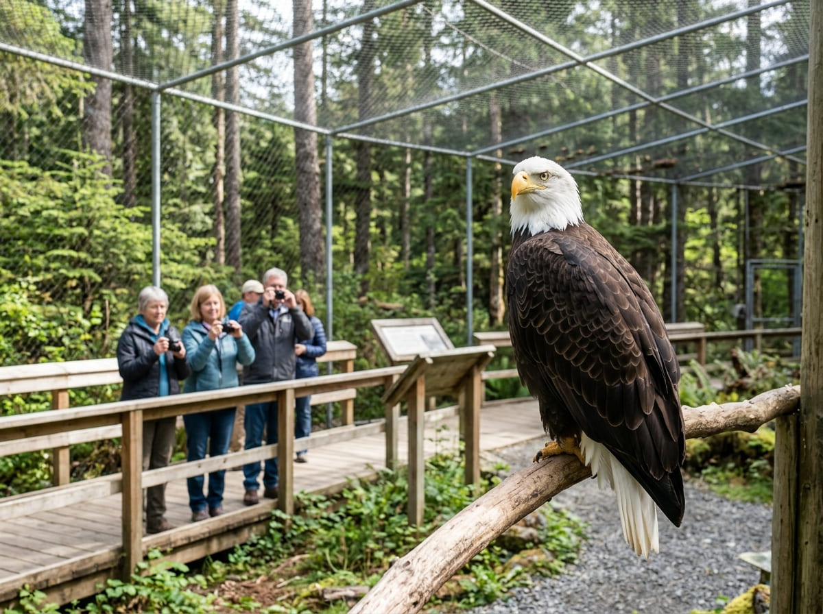 A bald eagle perched at close range at the Alaska Raptor Center in Sitka, Alaska.
