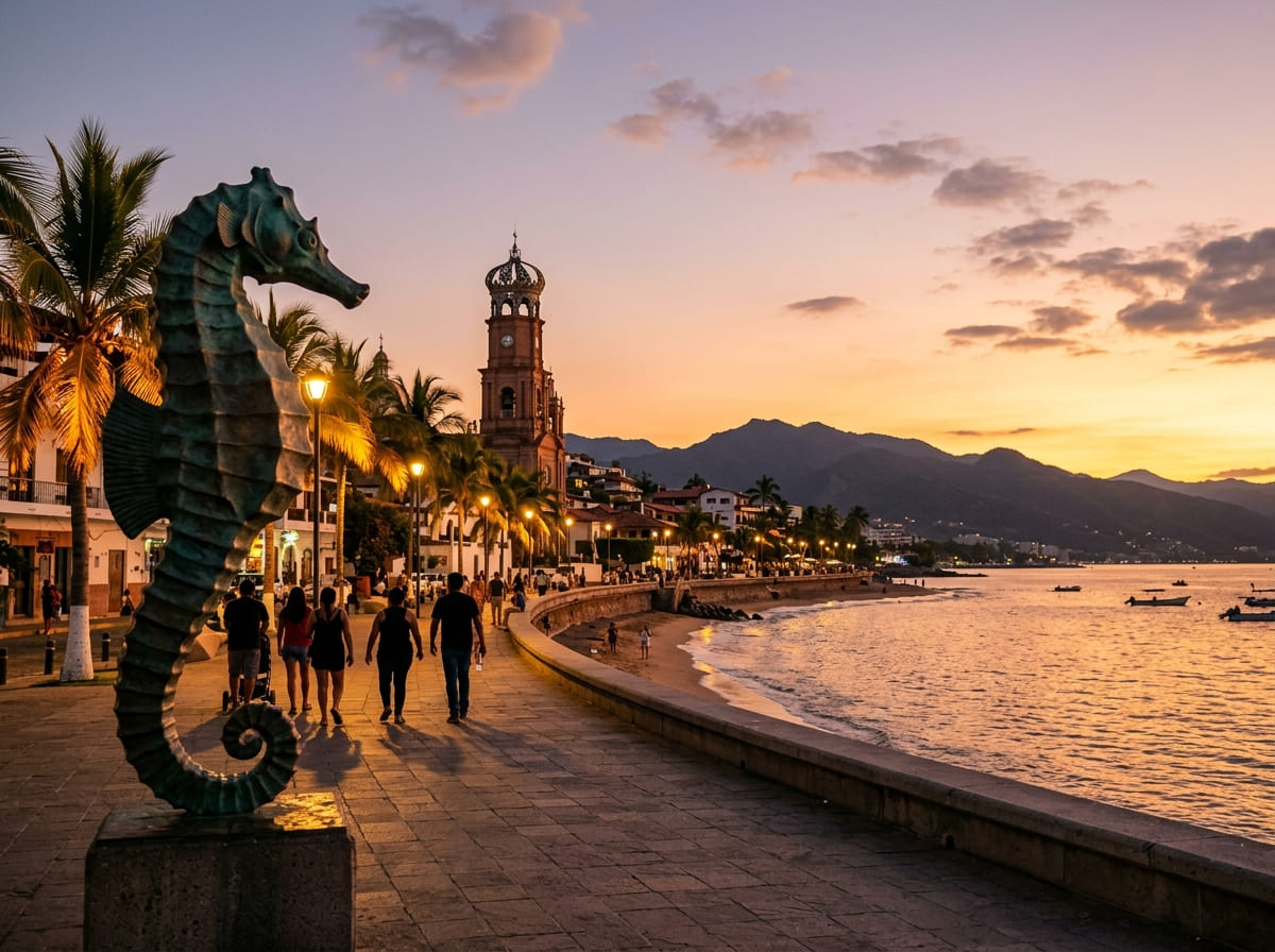 The Puerto Vallarta Malecon at golden hour with waterfront sculptures, the Parroquia tower, and Sierra Madre mountains behind Banderas Bay.