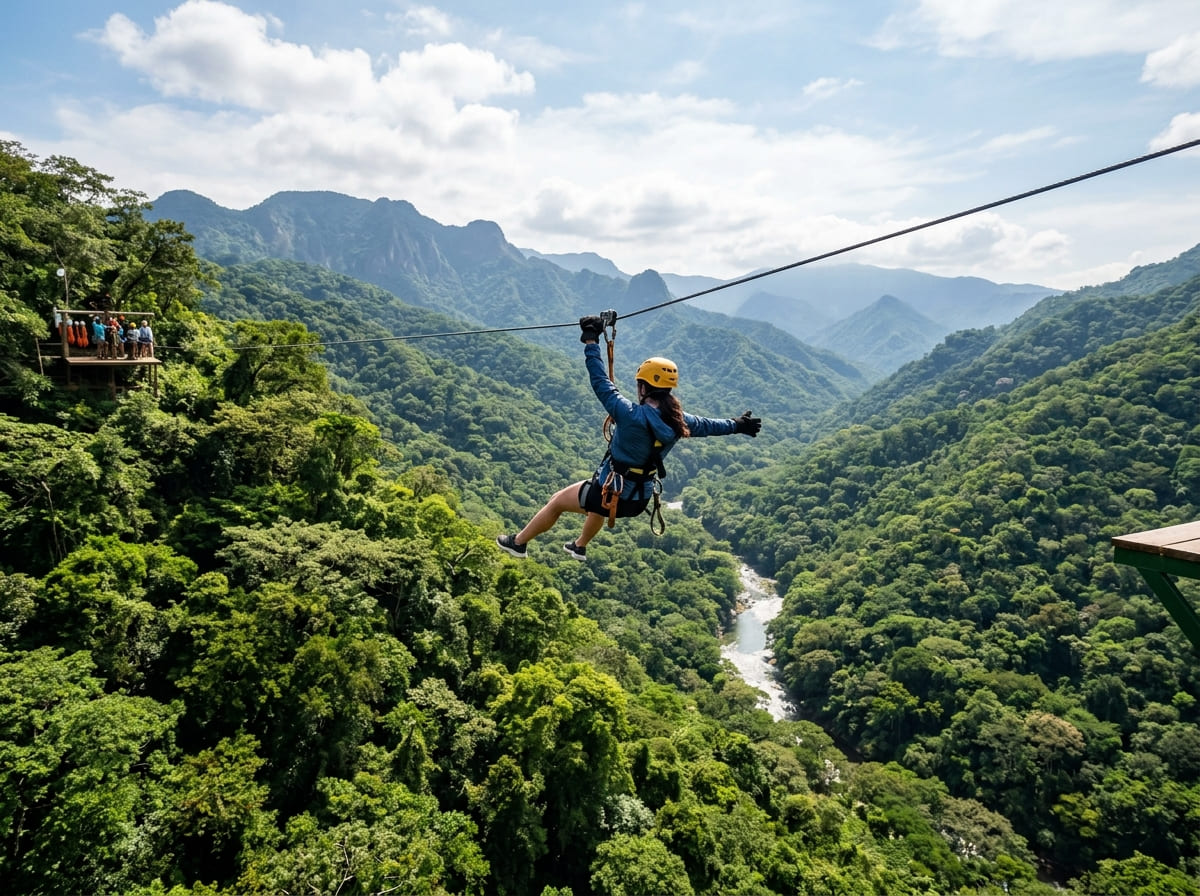A rider zip lining above the dense Sierra Madre jungle canopy with a river valley visible below near Puerto Vallarta.