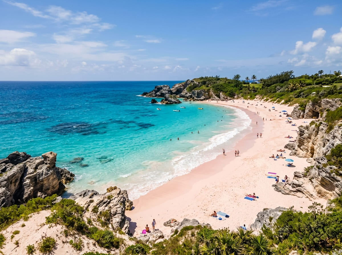 The pink sand crescent of Horseshoe Bay Beach with limestone cliffs and turquoise water in Bermuda.