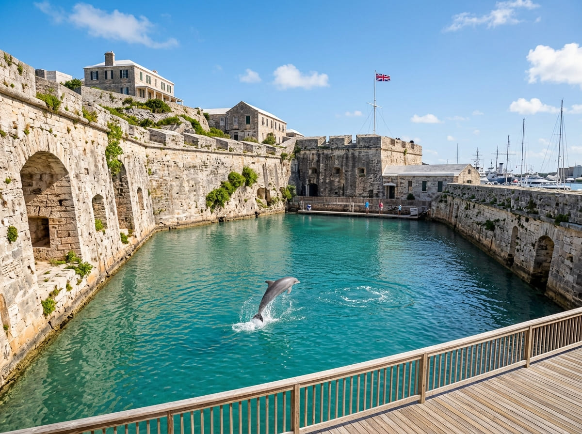 A dolphin at the surface of the Dolphin Quest lagoon surrounded by historic limestone fortification walls in Bermuda.