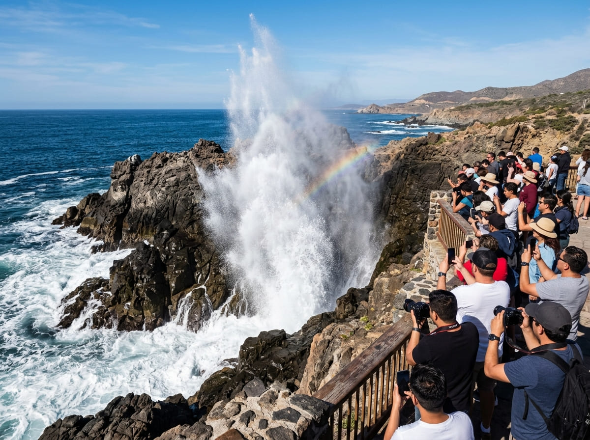 La Bufadora blowhole erupting with sea spray against the cliffs, watched by a crowd of visitors near Ensenada, Mexico.