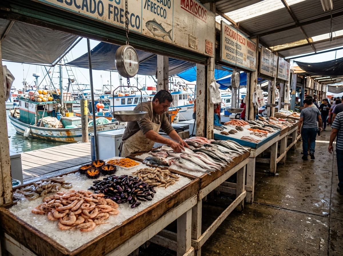 Fresh Pacific catch on ice at the working stalls of Mercado Negro in Ensenada, with fishing boats visible behind.