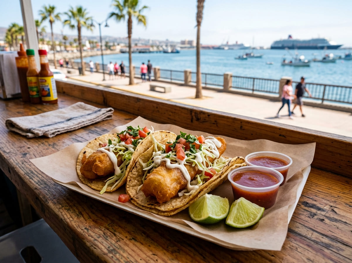 Fresh fish tacos with cabbage, crema, and lime at a waterfront stall with Ensenada's Malecon and bay in the background.