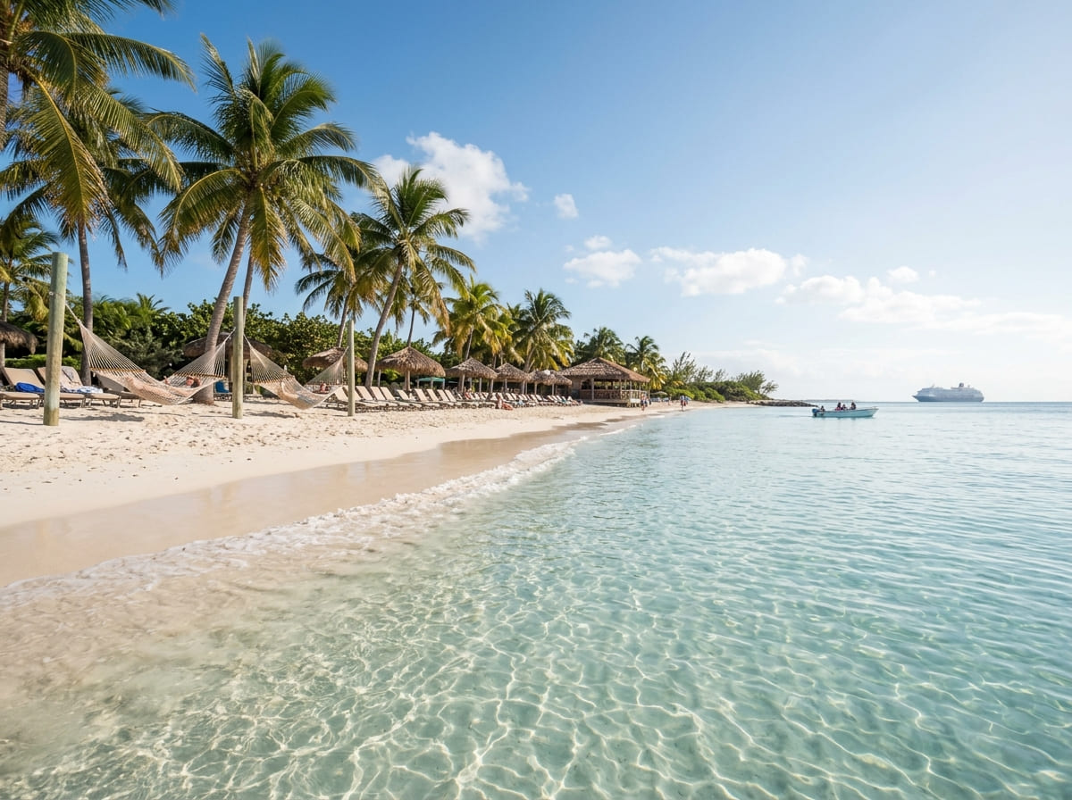 White sand beach with turquoise shallows, palm trees, hammocks and a tender boat offshore at Princess Cays in the Bahamas.