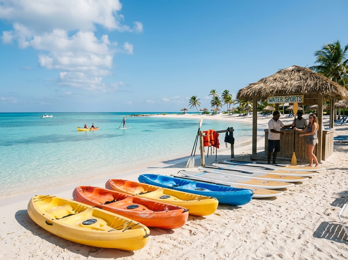 Kayaks and paddleboards lined up on the beach at the Princess Cays water sports centre with guests paddling on calm turquoise water.