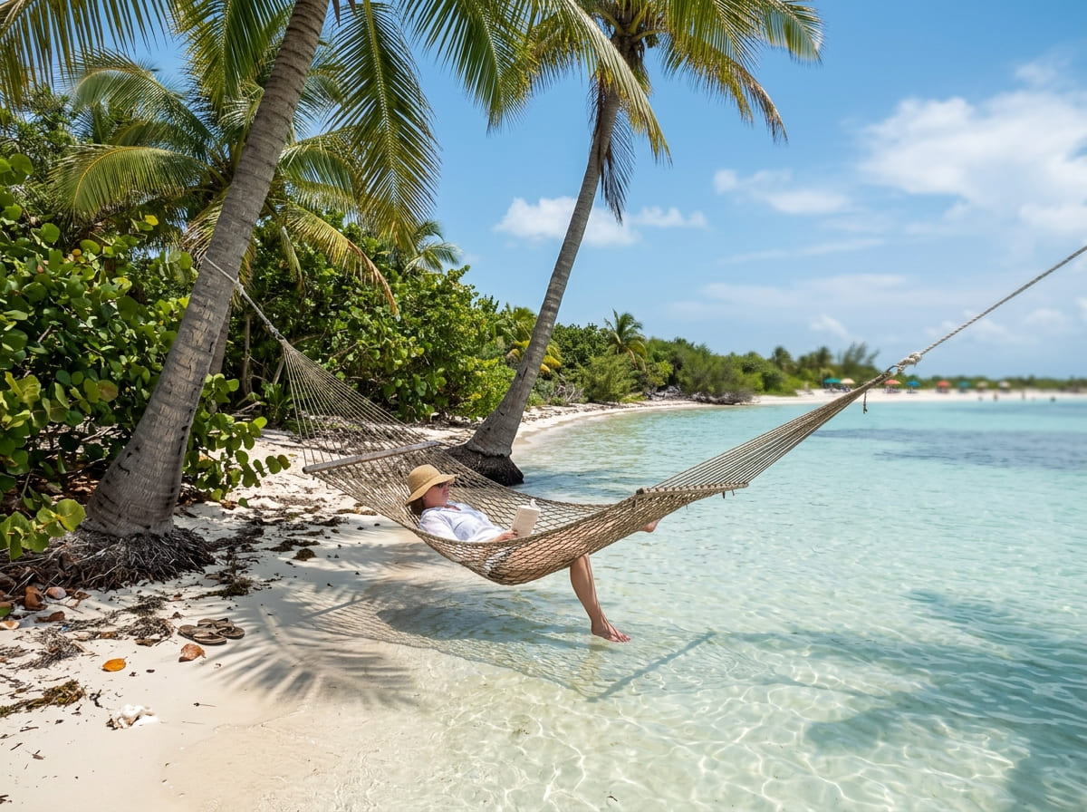 A person relaxing in a hammock between palm trees over shallow turquoise water in a quiet cove at Princess Cays, Bahamas.