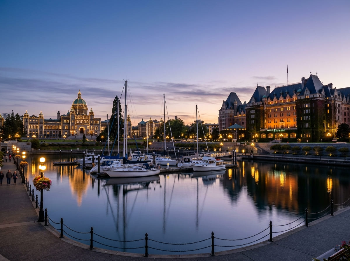 Victoria’s Inner Harbour at dusk with the lit Parliament Buildings, the glowing Fairmont Empress hotel and boats moored in the foreground.