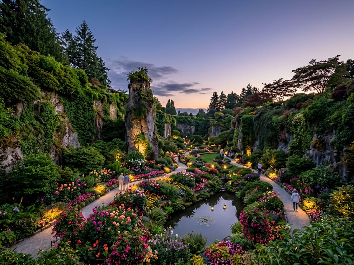 The Sunken Garden at Butchart Gardens in the evening with softly lit paths, flower beds and quarry walls rising behind.