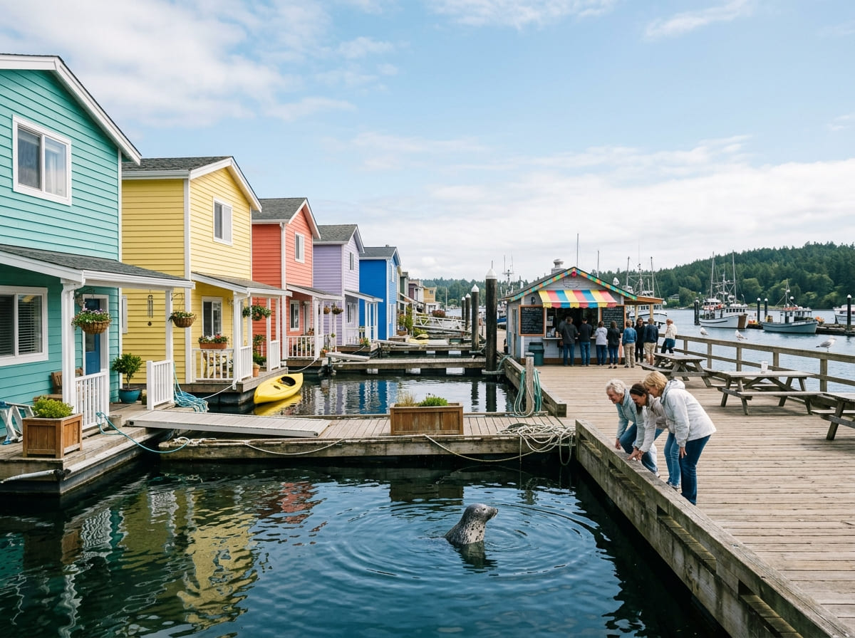 Colourful float homes at Fisherman’s Wharf in Victoria with a harbour seal in the water beside the dock and a seafood kiosk behind.