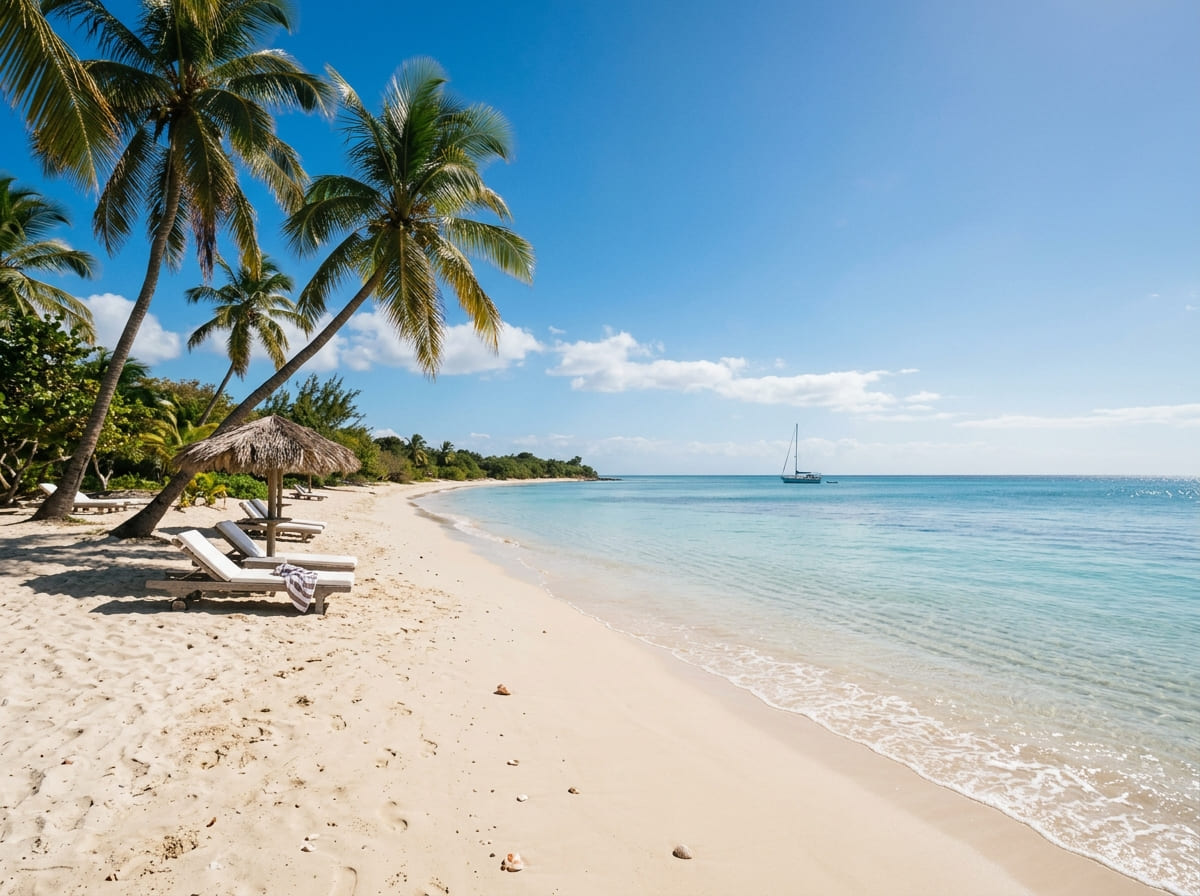 Calm turquoise water, white sand, palm trees and beach chairs at Dickenson Bay, Antigua.