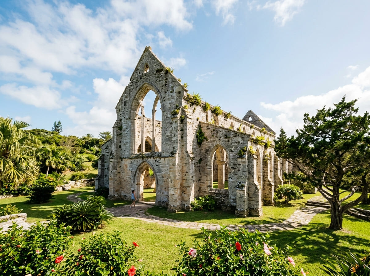 Gothic stone arches of the Unfinished Church open to the sky with greenery in the foreground in St. George’s, Bermuda.