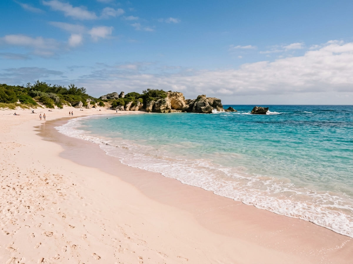 A wide cinematic 169 landscape photograph of Horseshoe Bay Beach on the south shore of Bermuda, captured in bright sunny daylight. The foreground shows a broad sweep of soft, powdery sand with a subtle pink blush, its fine grains catching the sun in delicate sparkles, marked by a few gentle footprints and a thin wet sheen along the waterline. Gentle waves roll in and spread across the sand in a lace of white foam, and the water beyond glows in luminous bands of pale aquamarine near the shore, shifting to vivid turquoise and deeper sapphire toward the horizon, so clear that the sandy shallows show through.

At the far end of the crescent, a rocky limestone headland rises from the sea, its weathered tan and cream coloured rock pitted, eroded and softly sculpted by the waves, topped with low green coastal scrub and a few windswept trees. A few isolated rock outcrops stand in the shallows near the base of the headland, with foam swirling around them. The headland sits slightly softened by atmospheric haze, giving the scene depth.

A handful of beachgoers walk along the waterline or rest on towels far along the sand, rendered small and natural to emphasize the scale of the bay without crowding the scene. Above, a wide bright sky glows in clean saturated blue with a few soft white cumulus clouds drifting toward a hazy horizon.

Shot at a low eye level from the sand with a wide angle lens for an expansive, inviting perspective, deep depth of field keeping the pink sand, surf, headland and distant sea in crisp focus, natural bright midday sunlight, soft realistic shadows, rich true to life color emphasizing the soft pink sand against the turquoise water and pale limestone. Serene, picturesque and relaxing mood. Photorealistic ultra detailed travel photography, clean uncluttered editorial composition, high resolution. No logos, brand names or readable text on any surfaces other than the supplied logo described below.

LOGO Leave the top right corner clean and uncluttered as clear negative space, and place the provided logo neatly in that corner at a modest size with comfortable padding from both edges, sitting cleanly over the plain sky area, fully visible and undistorted, and not overlapping the headland or any key subject.