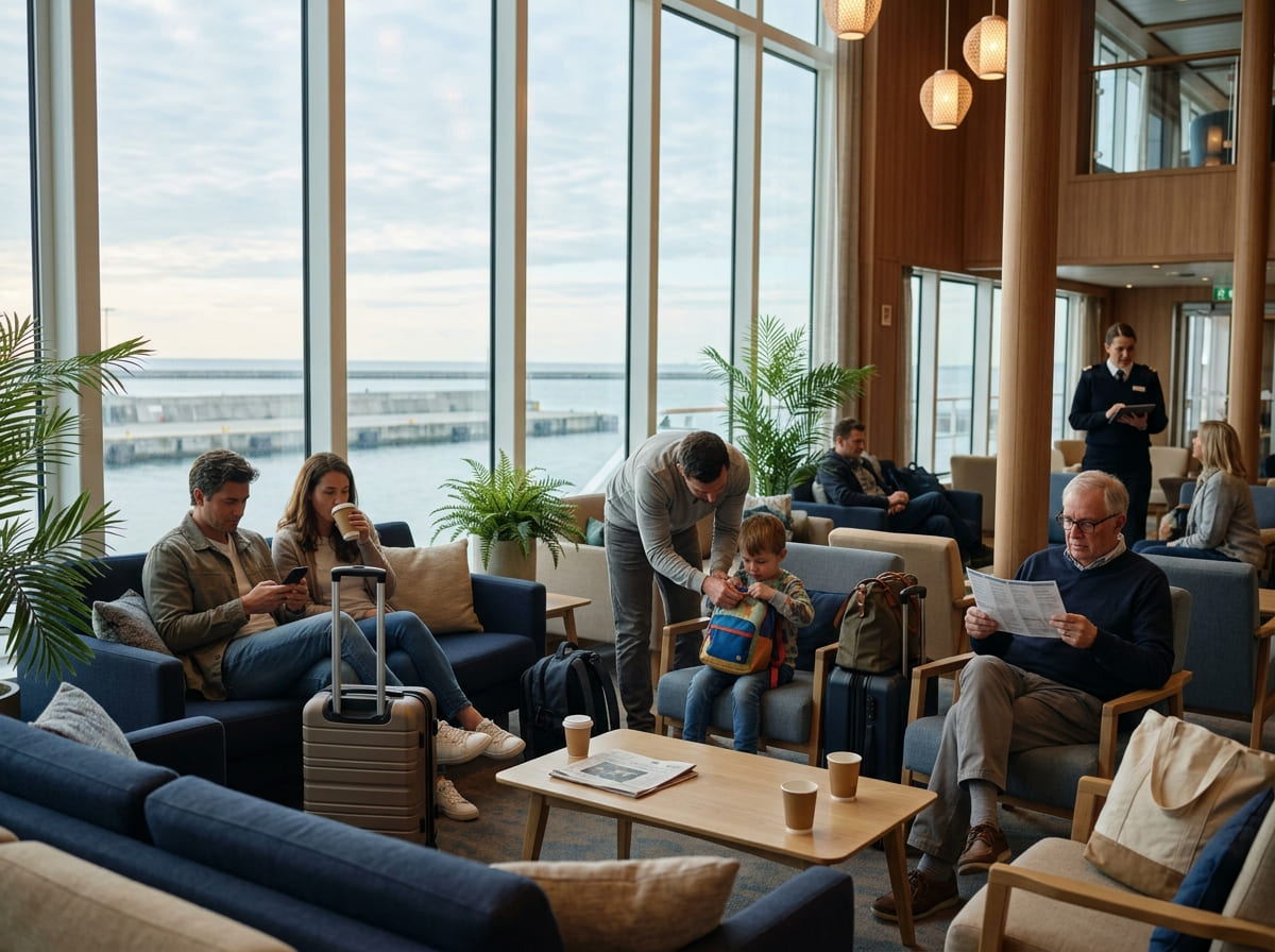 Cruise passengers waiting in a ship lounge for their disembarkation group to be called