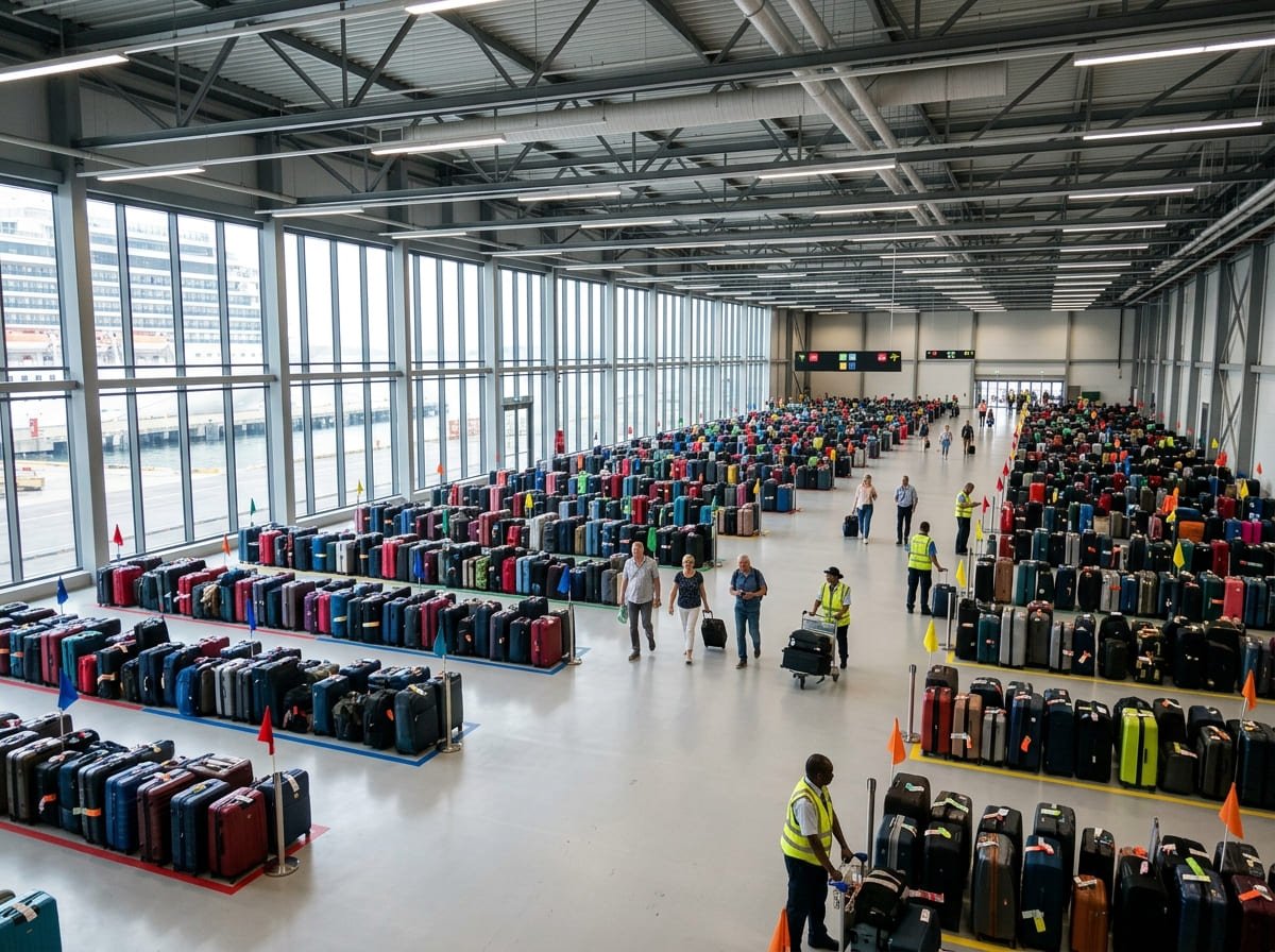Luggage sorted into color coded zones in a cruise terminal on disembarkation morning
