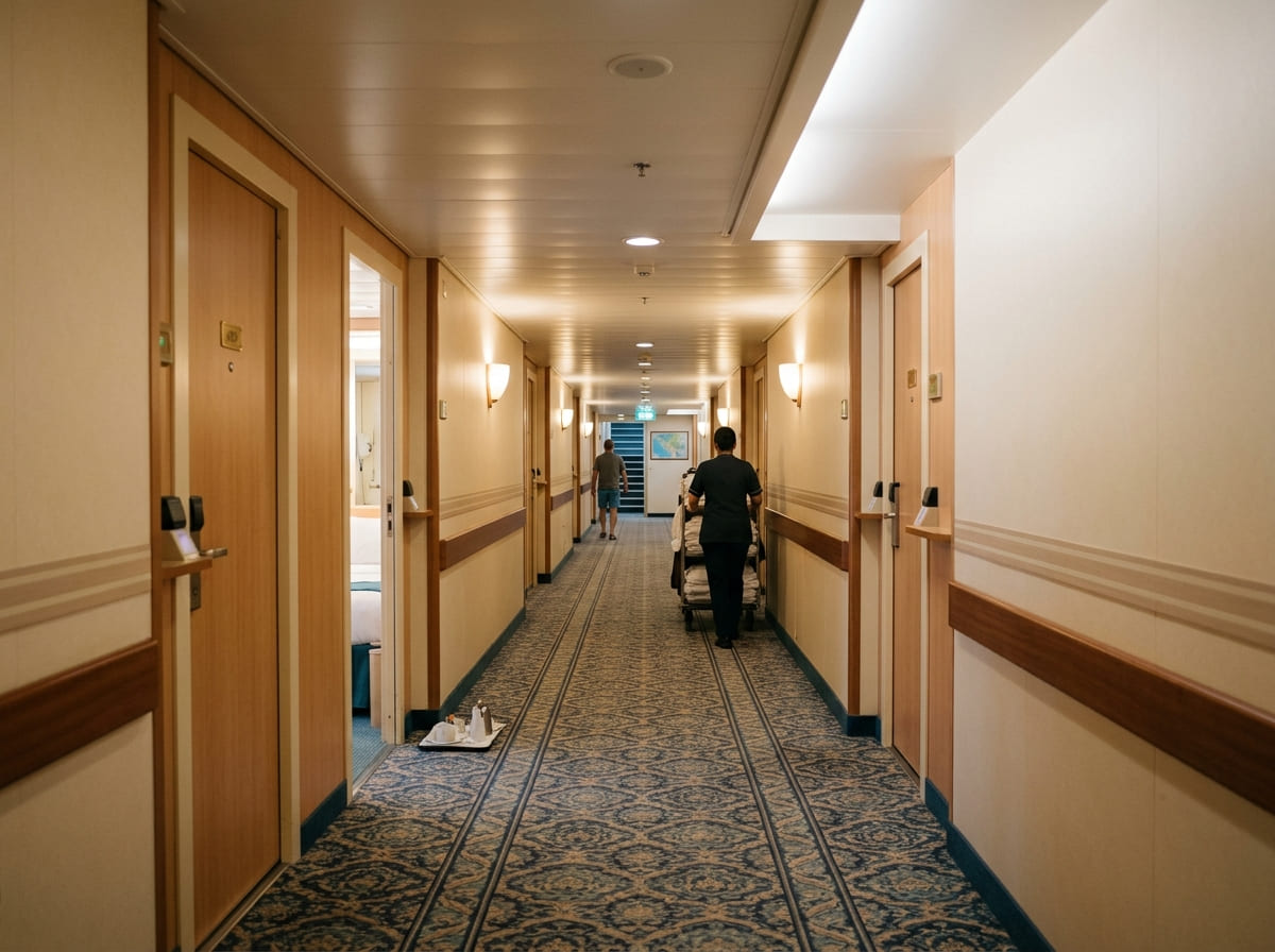 Long corridor of cabin doors on a cruise ship deck