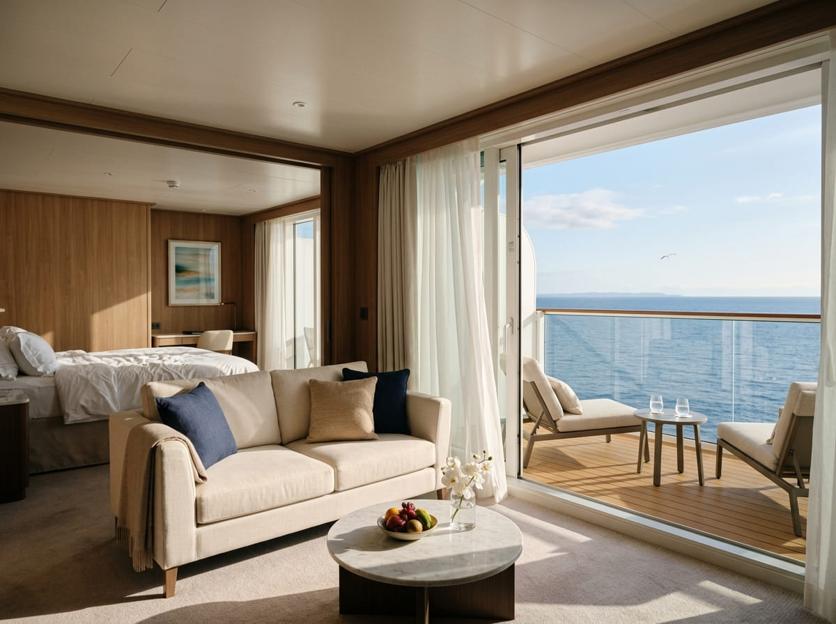 Cruise ship balcony cabin with a seating area overlooking the ocean