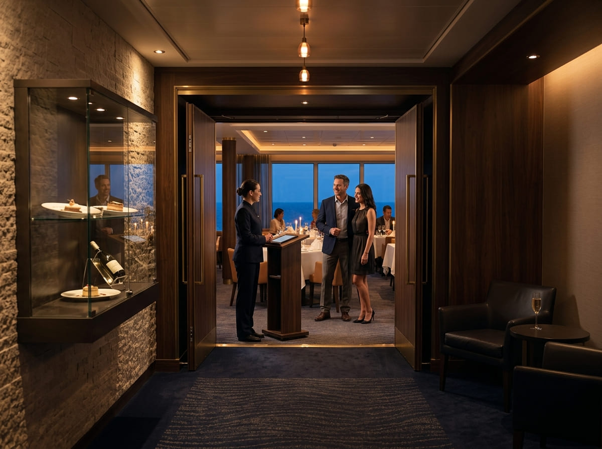 Entrance to a cruise ship specialty restaurant where onboard credit can be used