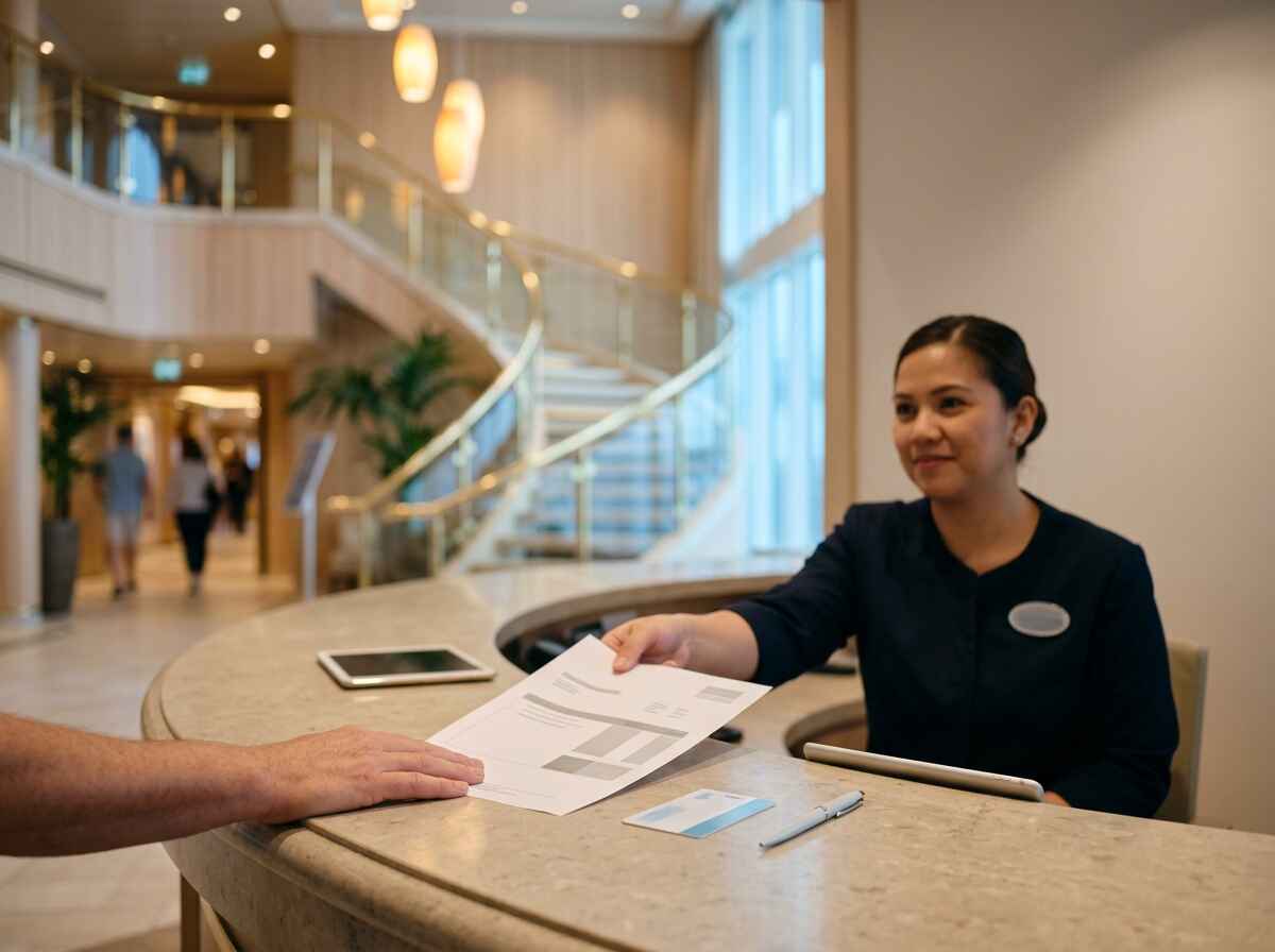 Cruise ship guest services desk where passengers check their onboard credit balance
