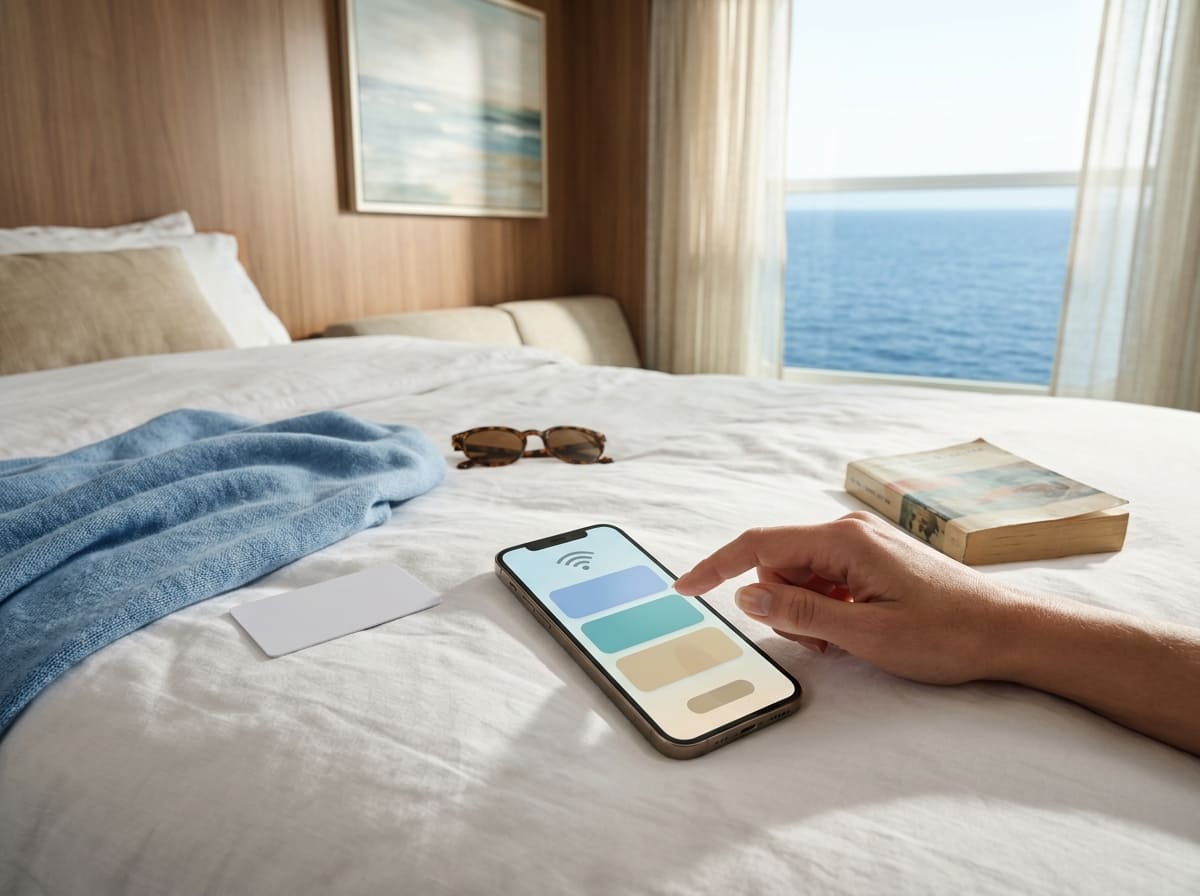 Cruise passenger choosing a WiFi package on a smartphone in their cabin
