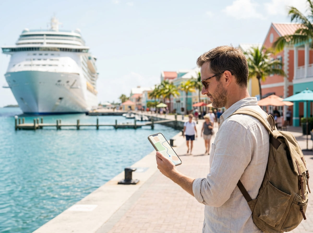 Traveler using a phone for maps in a Caribbean port with a cruise ship behind
