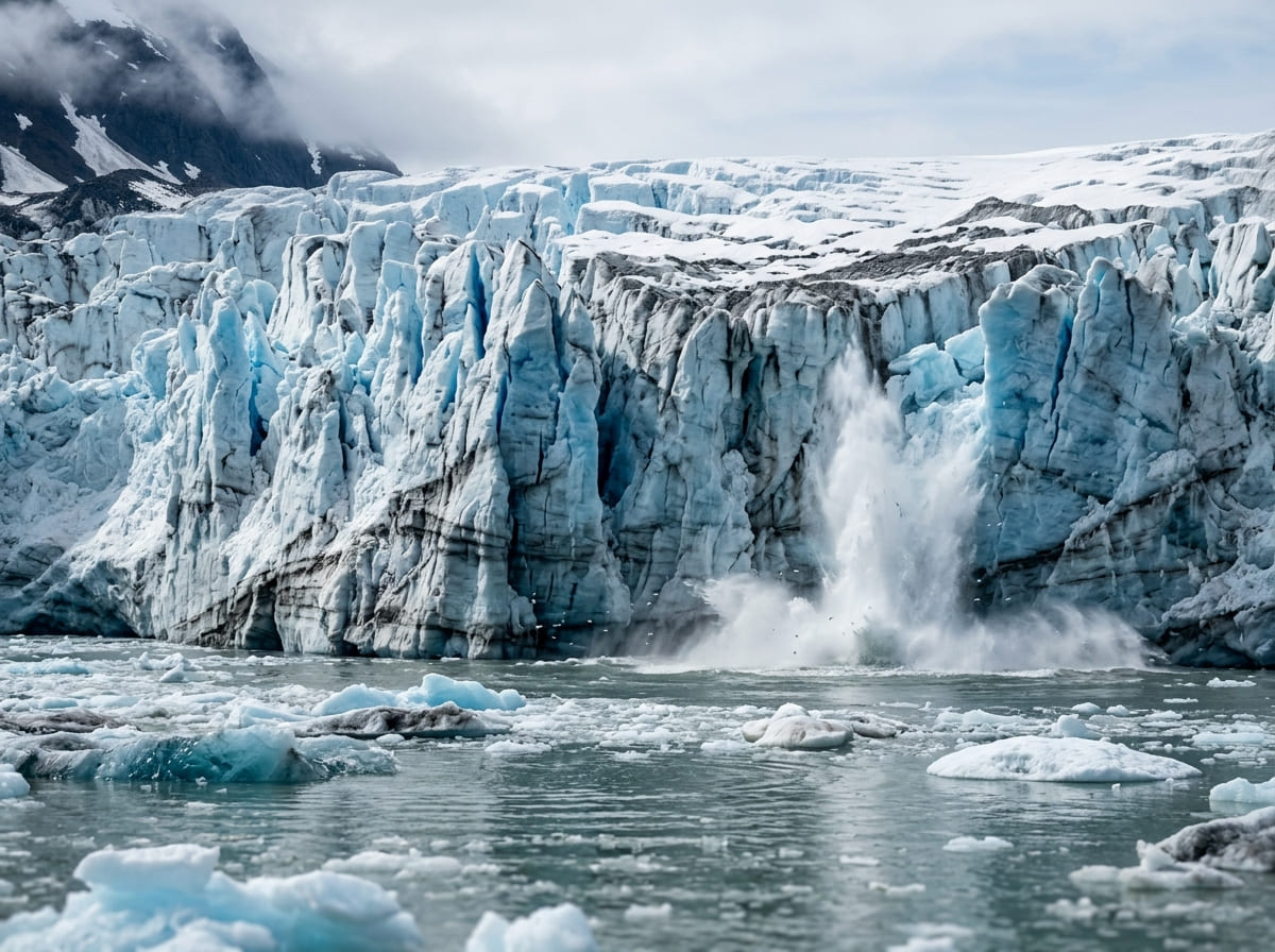 Ice calving from the face of Margerie Glacier as seen from a cruise ship deck in Glacier Bay