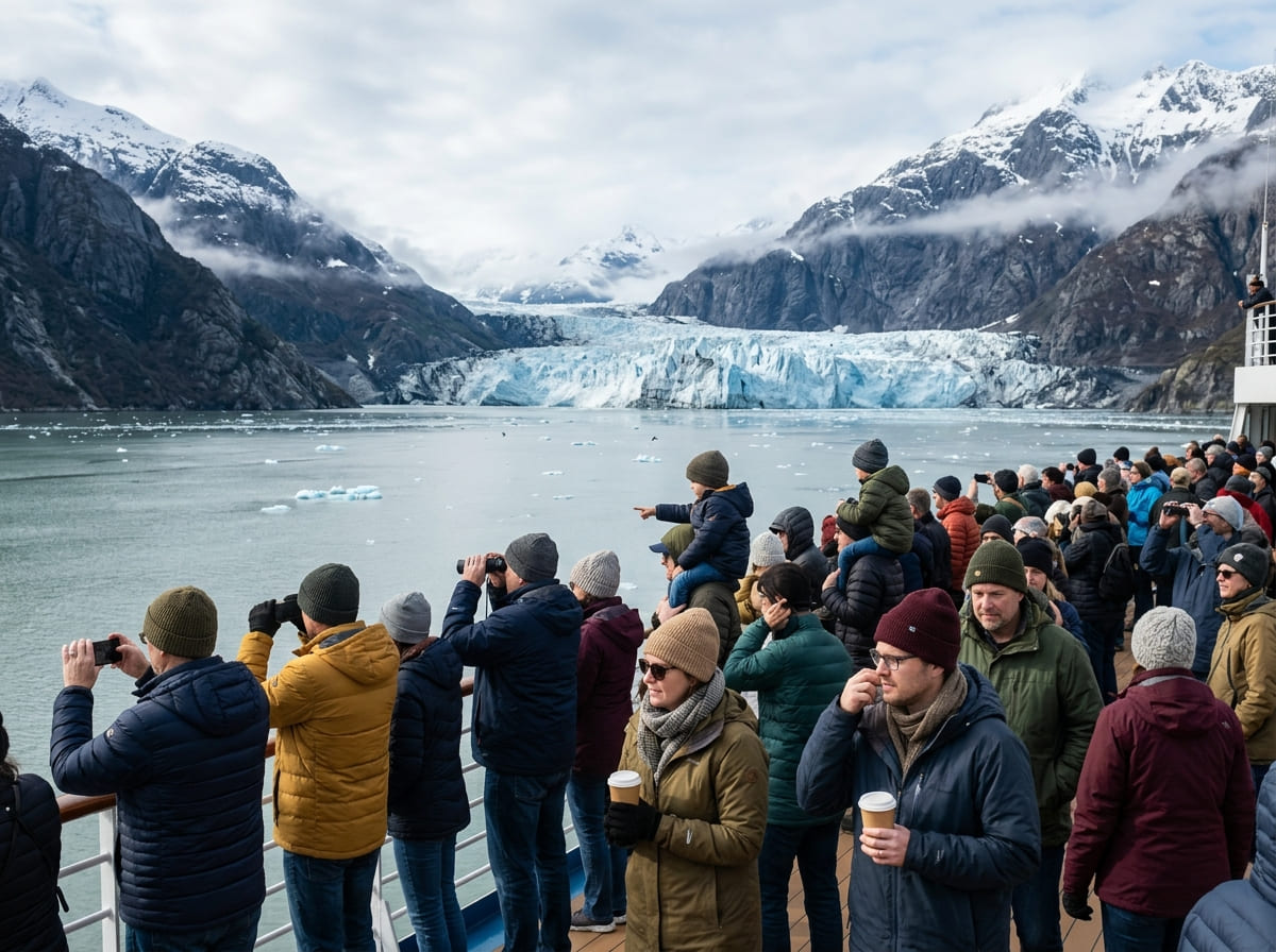 Passengers in jackets and hats watching glaciers from the bow of a cruise ship in Glacier Bay, Alaska