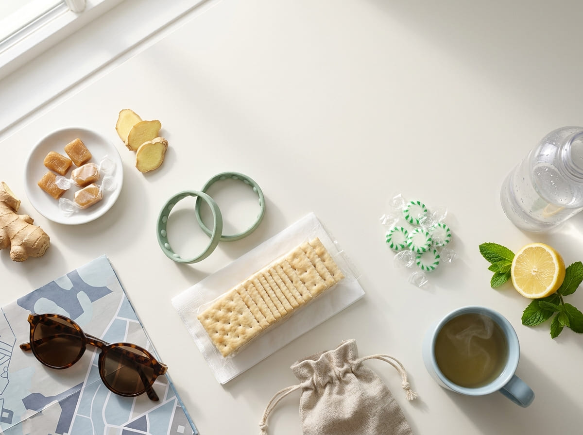 Seasickness remedies for a cruise laid out together motion sickness tablets, ginger chews and acupressure wristbands

