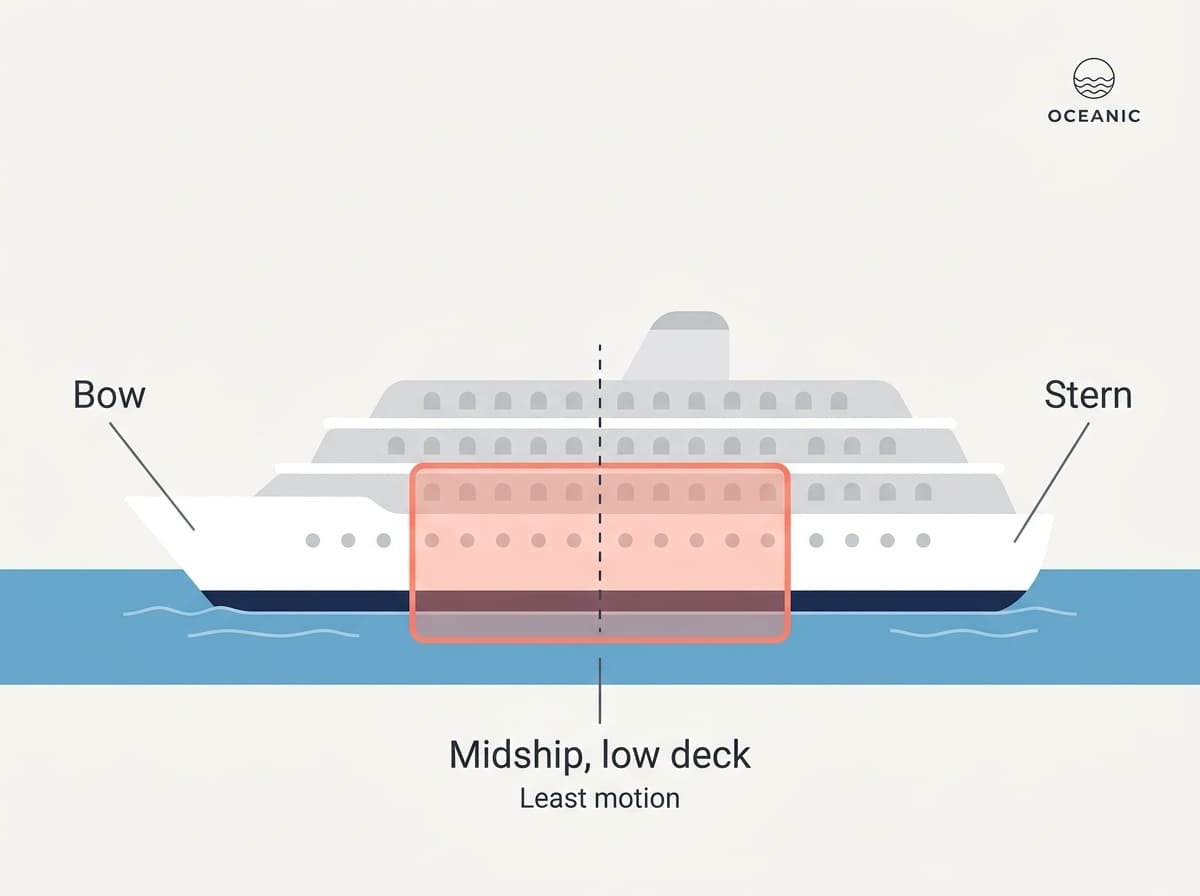 Diagram of a cruise ship showing the midship lower deck area where cabins feel the least motion