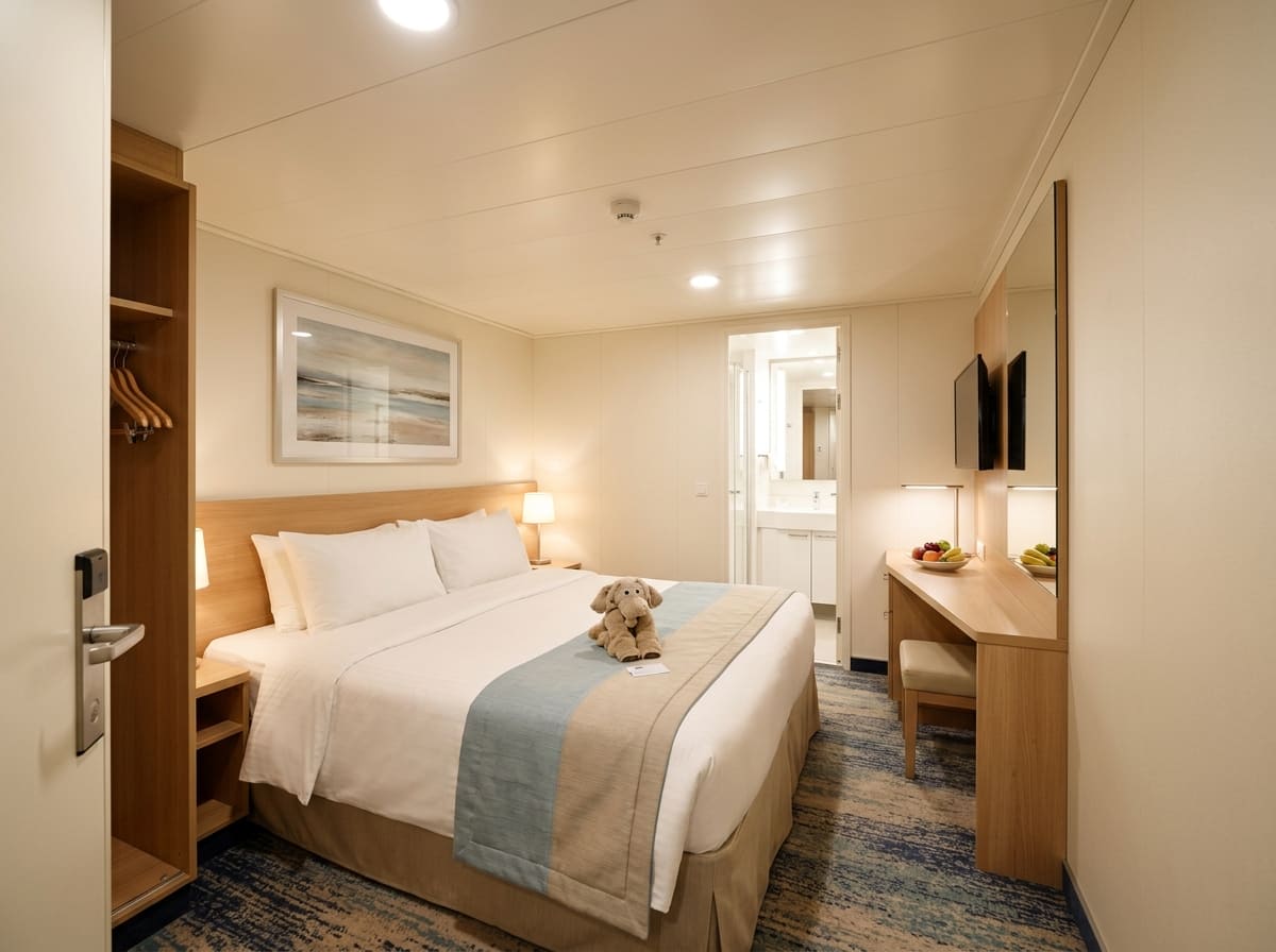 Inside cabin on a cruise ship with a made bed, desk and warm lighting